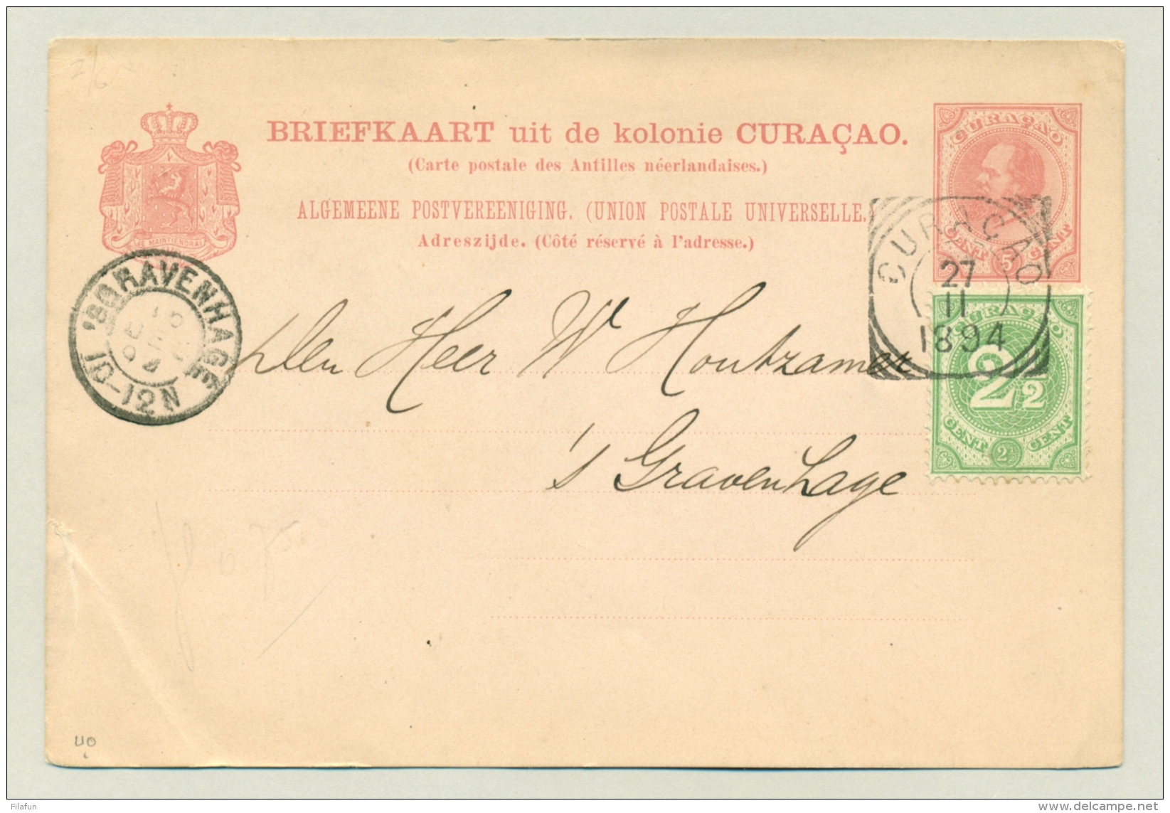 Curacao - 1894 - 2,5 Cent Cijfer Op 5 Cent Briefkaart G7 Z-3 Naar Den Haag / Nederland - Curaçao, Nederlandse Antillen, Aruba