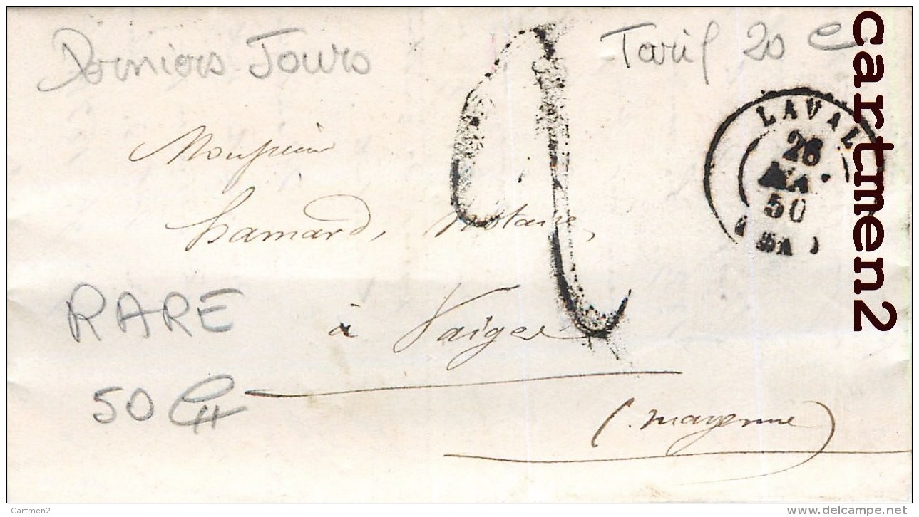 RARE LETTRE CAHET POSTALE 1850 DERNIERS JOURS DEPART DE LAVAL POUR VAIGES MAYENNE PHILATELIE MARCOPHILIE - 1849-1876: Période Classique