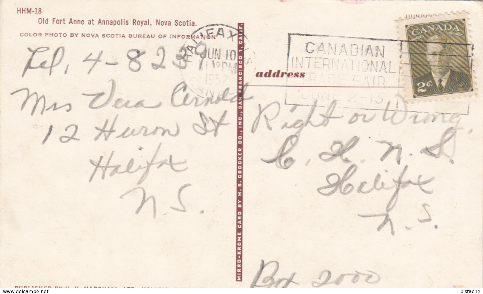 Vintage 1952 - Annapolis Royal Nova Scotia Canada - Old Fort Anne - Cars - Stamp & Postmark - 2 Scans - Other & Unclassified