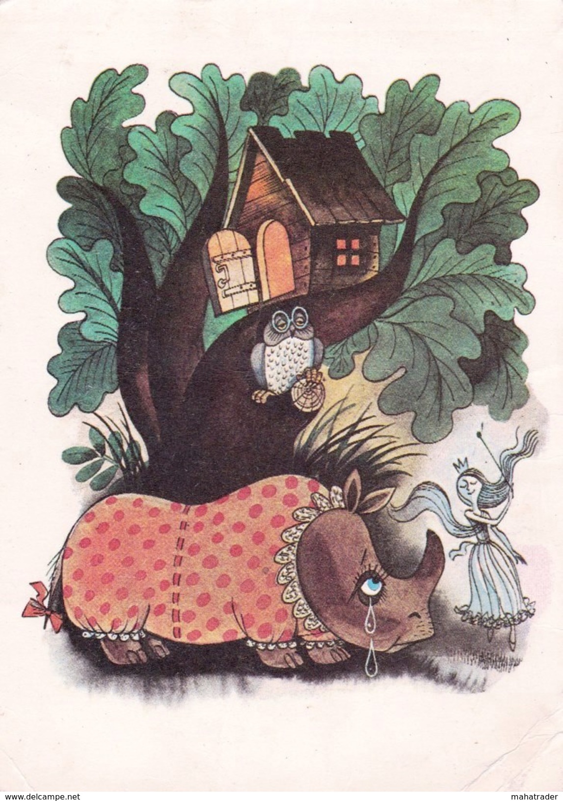 Soviet Illustration PC - Rhino Crying Owl Tree Fairy - By Chizhikov - Printed 1982 - Rhinocéros