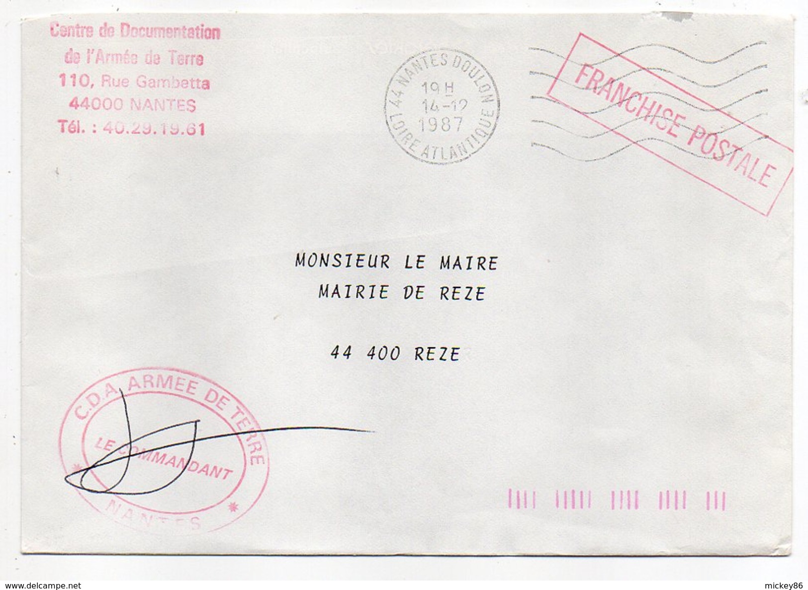 Franchise Militaire-1987--Lettre CDA Armée De Terre-Nantes-44-cachet Rouge+cachet Secap Muette NANTES DOULON - Cachets Militaires A Partir De 1900 (hors Guerres)