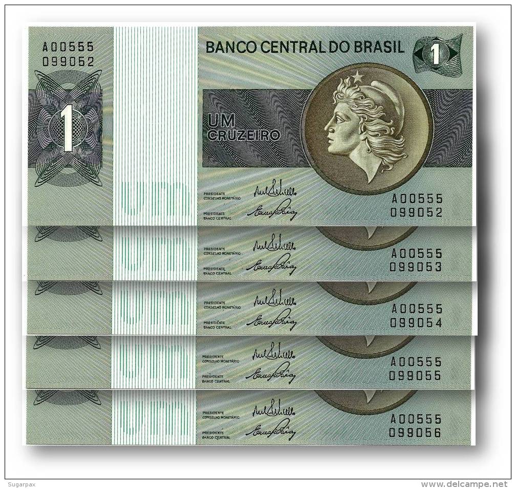 BRASIL - 5x Consecutive 1 CRUZEIRO - ND ( 1970 -72 ) - P 191 - UNC. - Serie 555 - Sign. 17 - Prefix A - LIBERTY - Brazilië