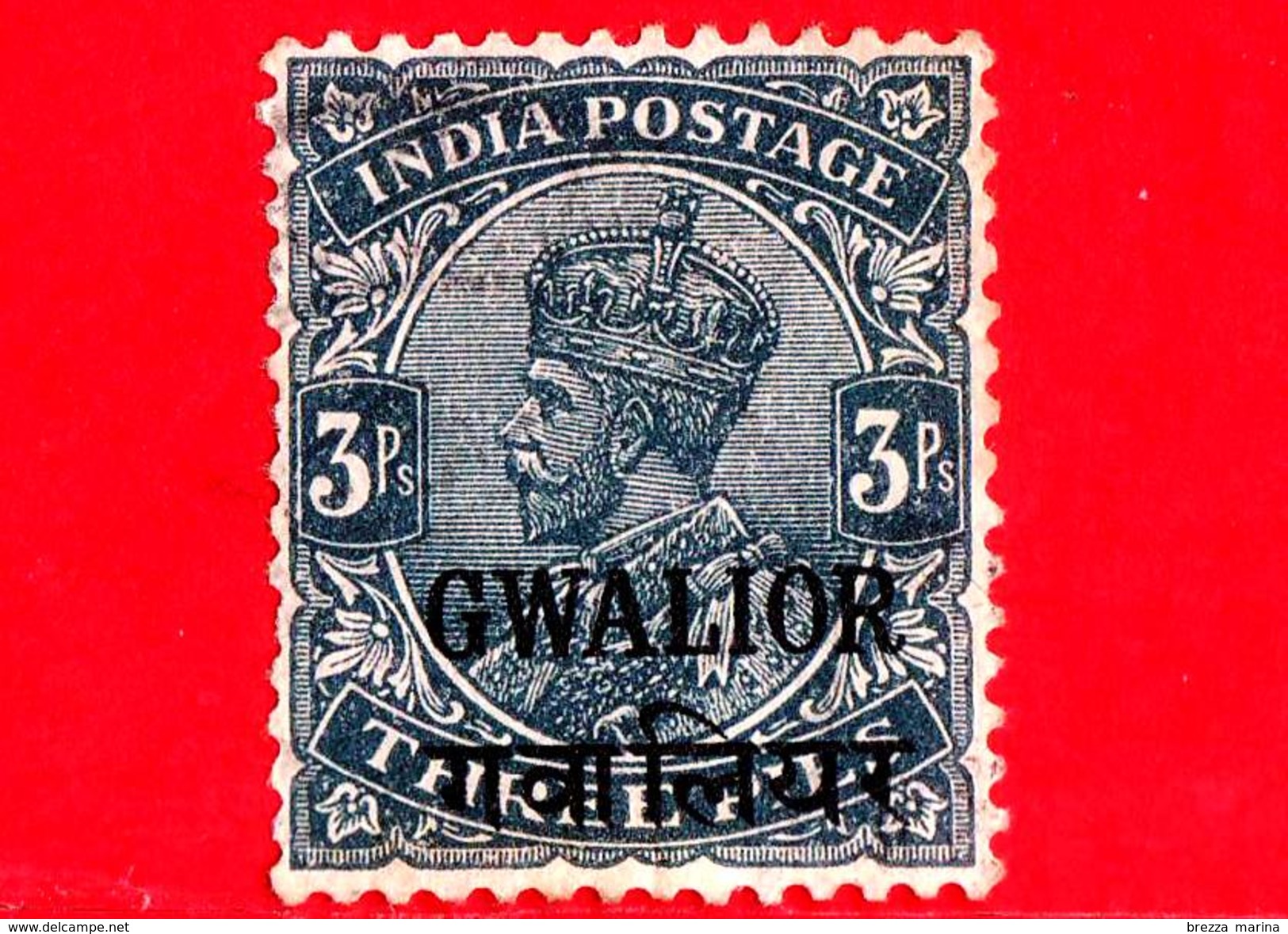 India - GWALIOR - Usato - 1932 - Re George V - Sovrastampato - 3 - Gwalior