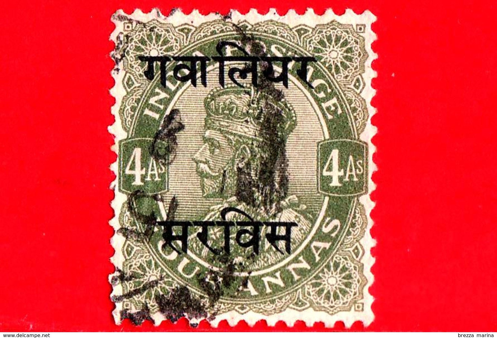 India - GWALIOR - Usato - 1928 - Re George V (overprint) - 4 - Gwalior