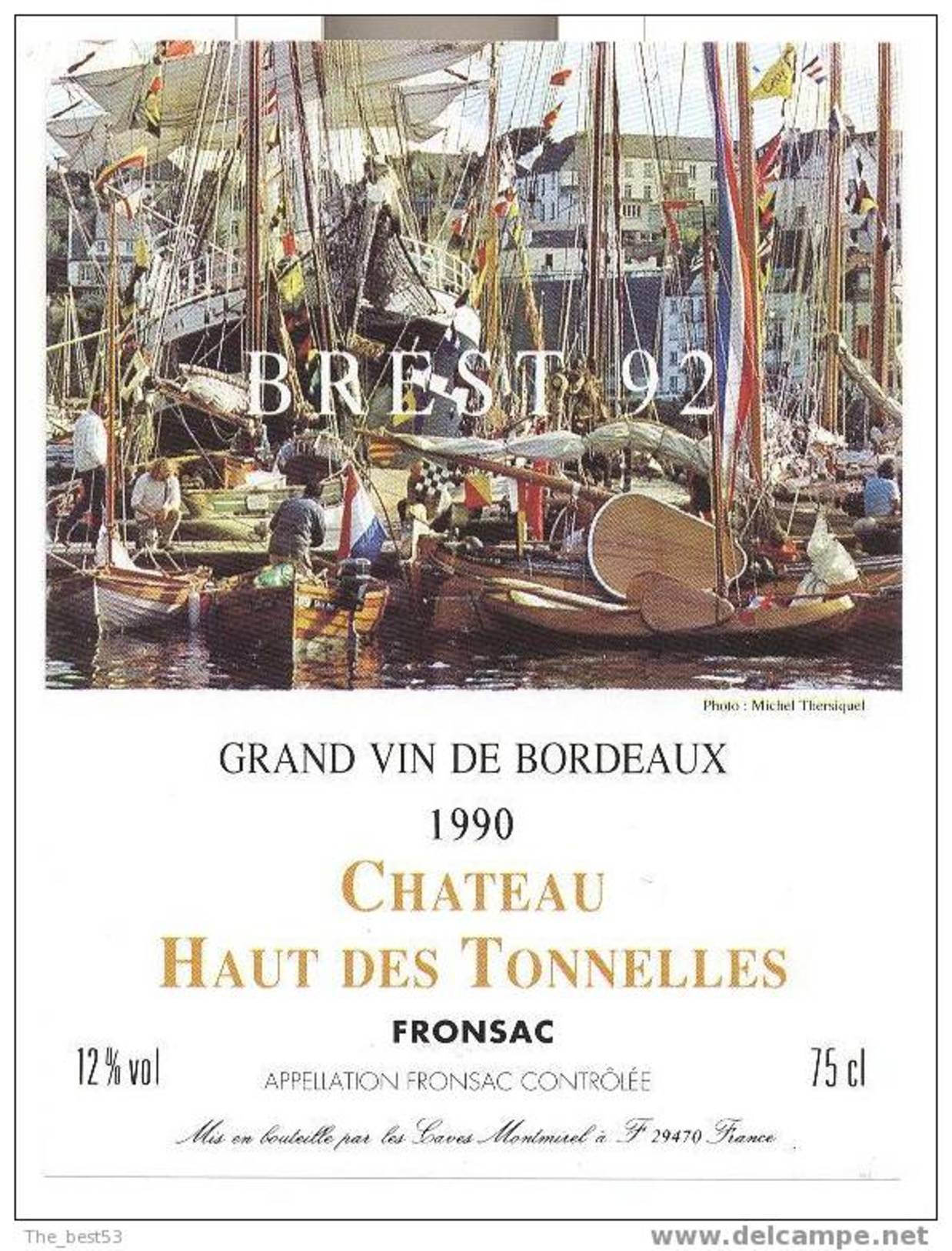 Etiquette De Vin De Fronsac 1990-  Chateau Haut Des Tonnelles  -  Cuvée Réservée Brest 92 - Barche A Vela & Velieri