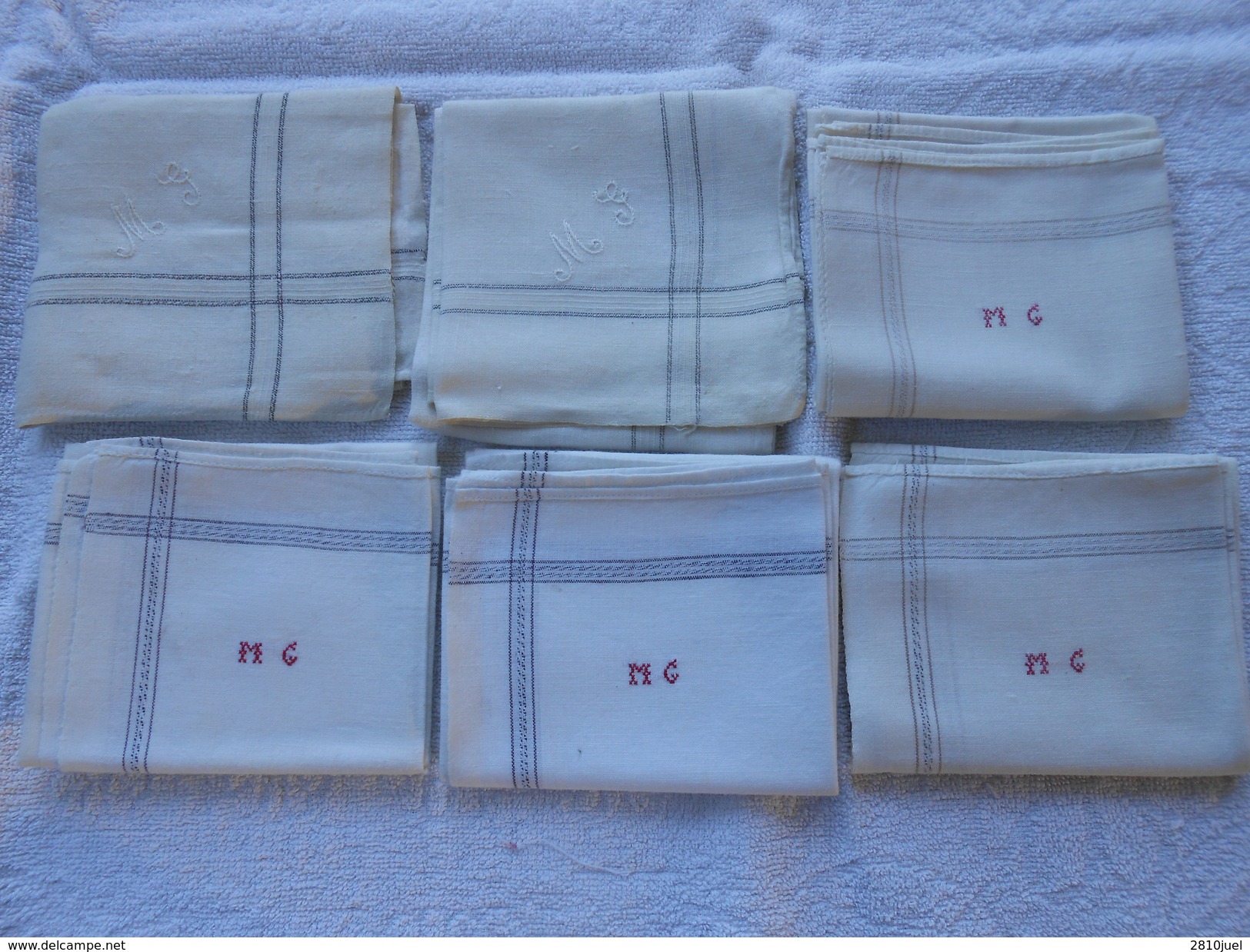 Lot De 6 Mouchoirs Anciens Blancs à Bordure - Initiales Brodées M G - - Handkerchiefs