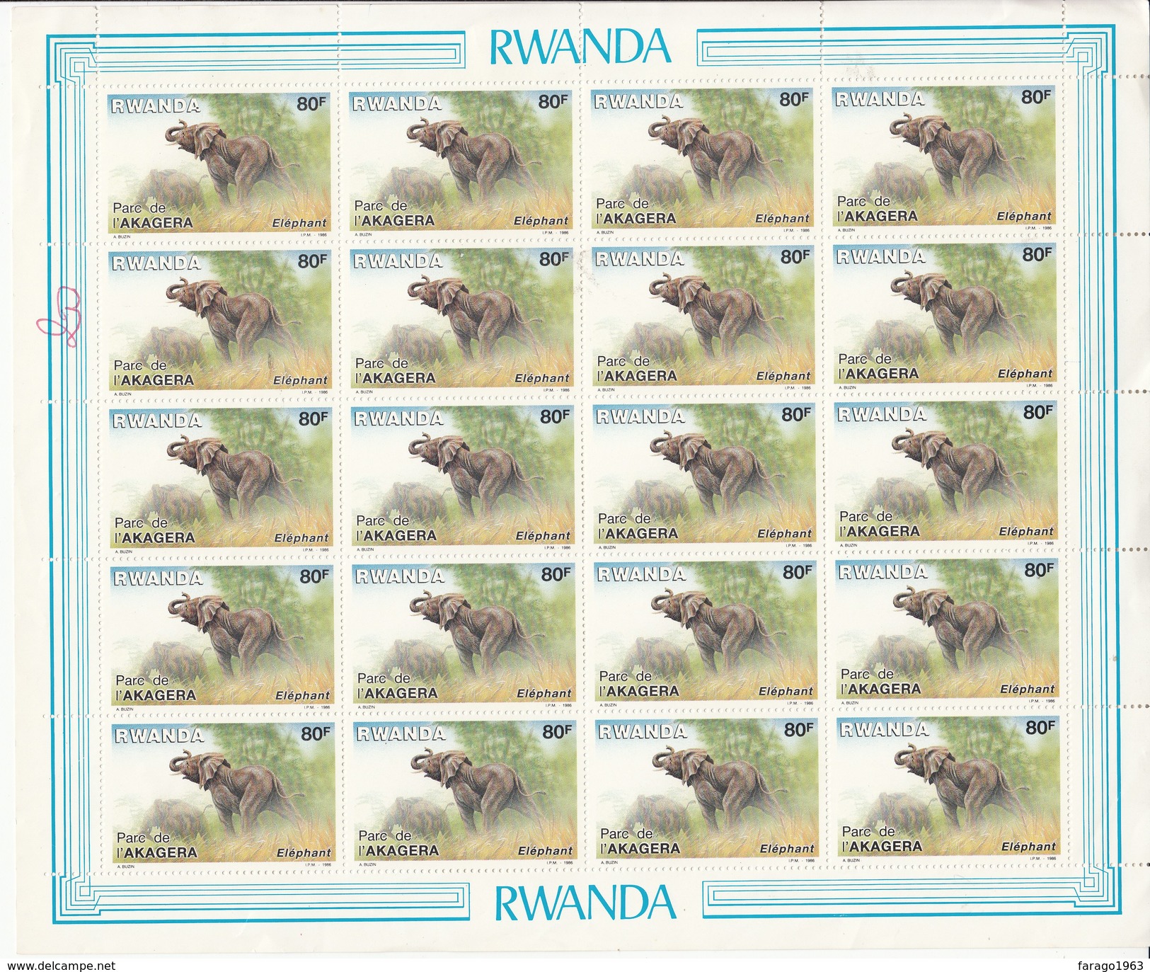 Elephant - Rwanda 1986 80f Sheet Of 20 - Bargain - Huge Discount To Catalogue Value - Not Everyone Has This! - Elefanti