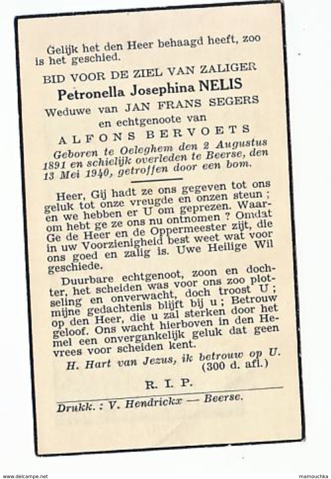 Doodsprentje Petronella NELIS Wed.Segers En Echtg. Bervoets Oeleghem 1891 Beerse 1940 Getroffen Door Een Bom - Oorlog - Images Religieuses
