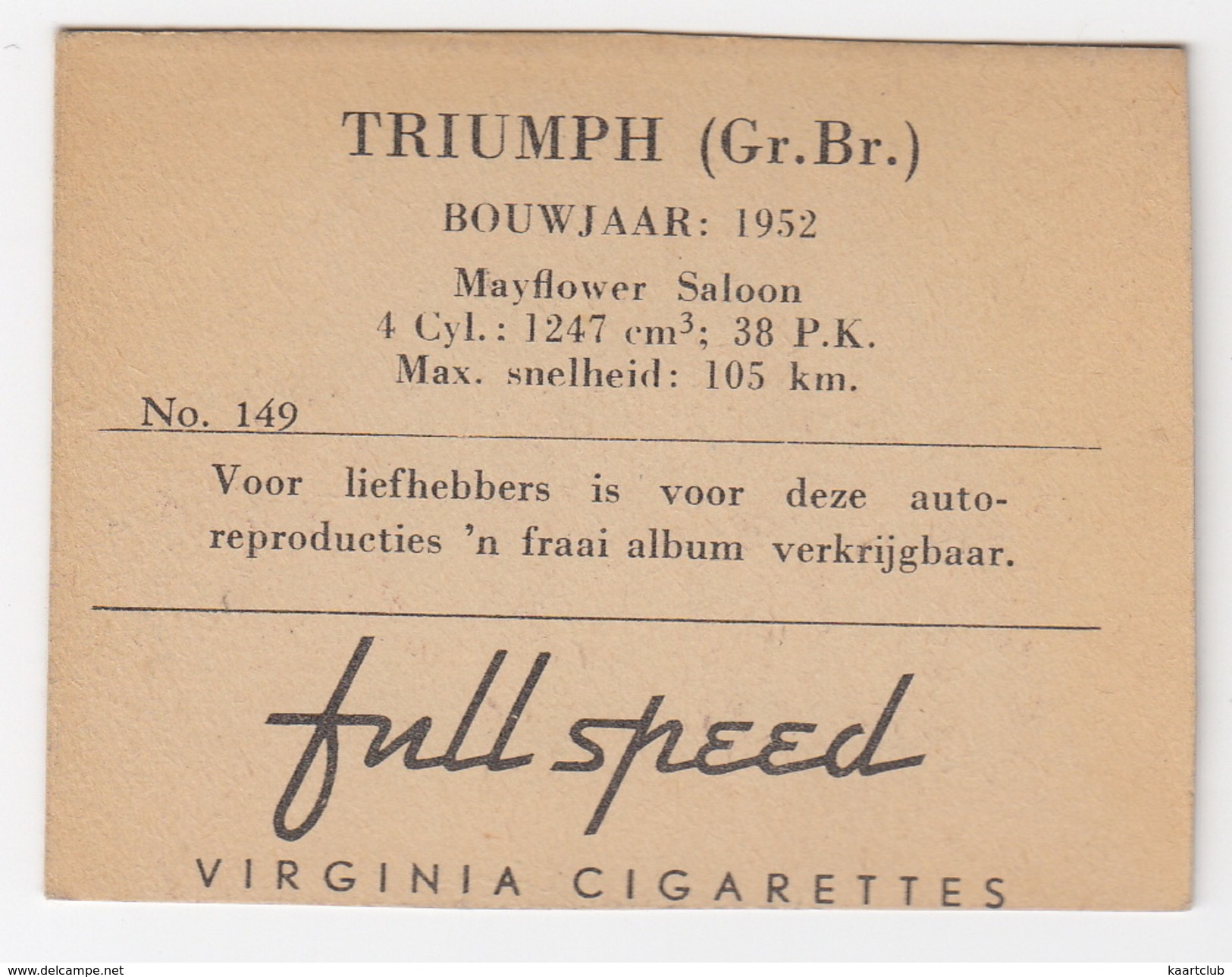 Chromo Cigarettes : Virginia 'Full Speed' - TRIUMPH Mayflower Saloon, Bj. 1952 - (Gr. Br.) -No. 149- (2 Scans) - Andere Merken