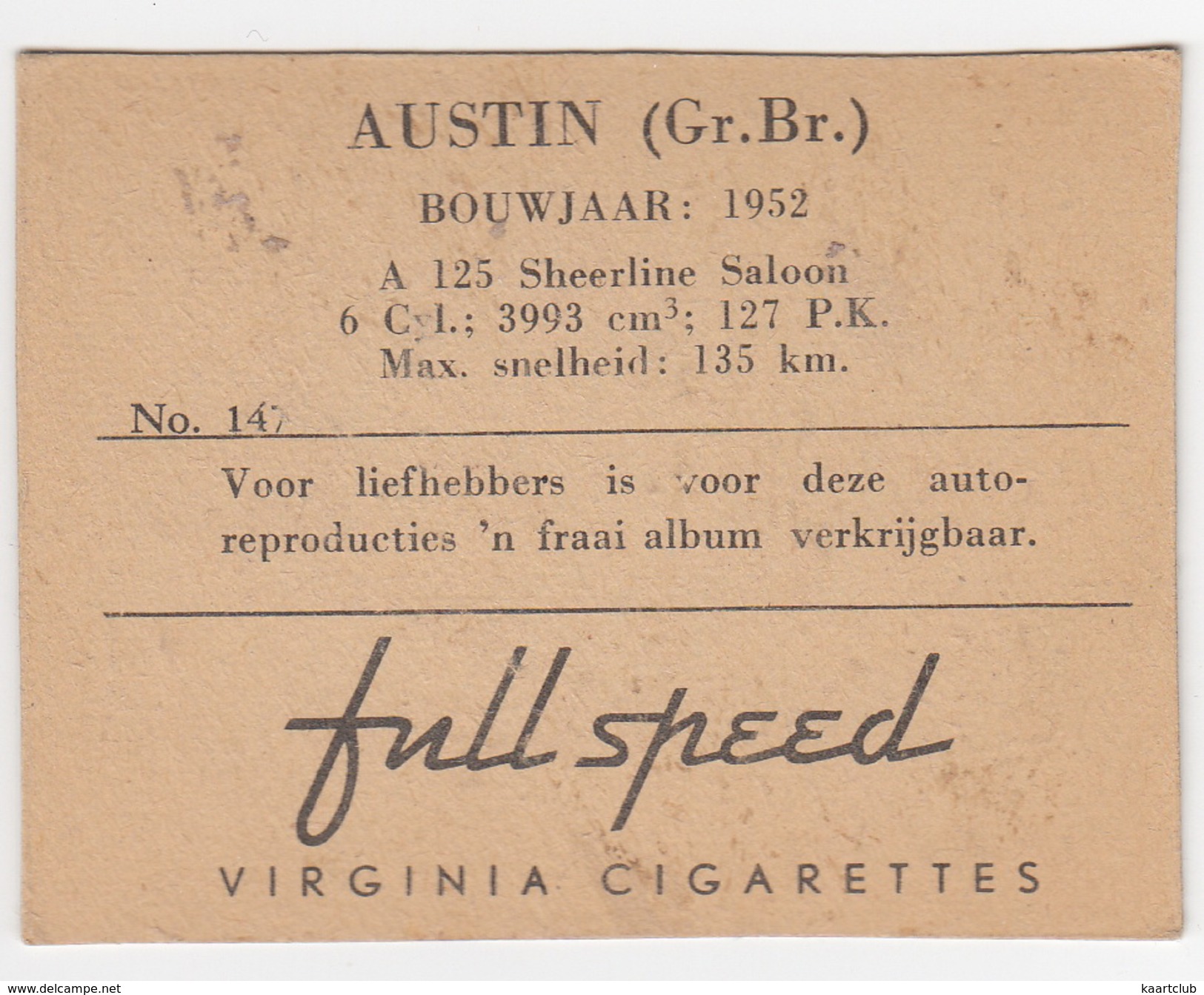 Chromo Cigarettes : Virginia 'Full Speed' - AUSTIN A 125 Saloon, Bj. 1952 - (Gr. Br.) -No. 147- (2 Scans) - Andere Merken