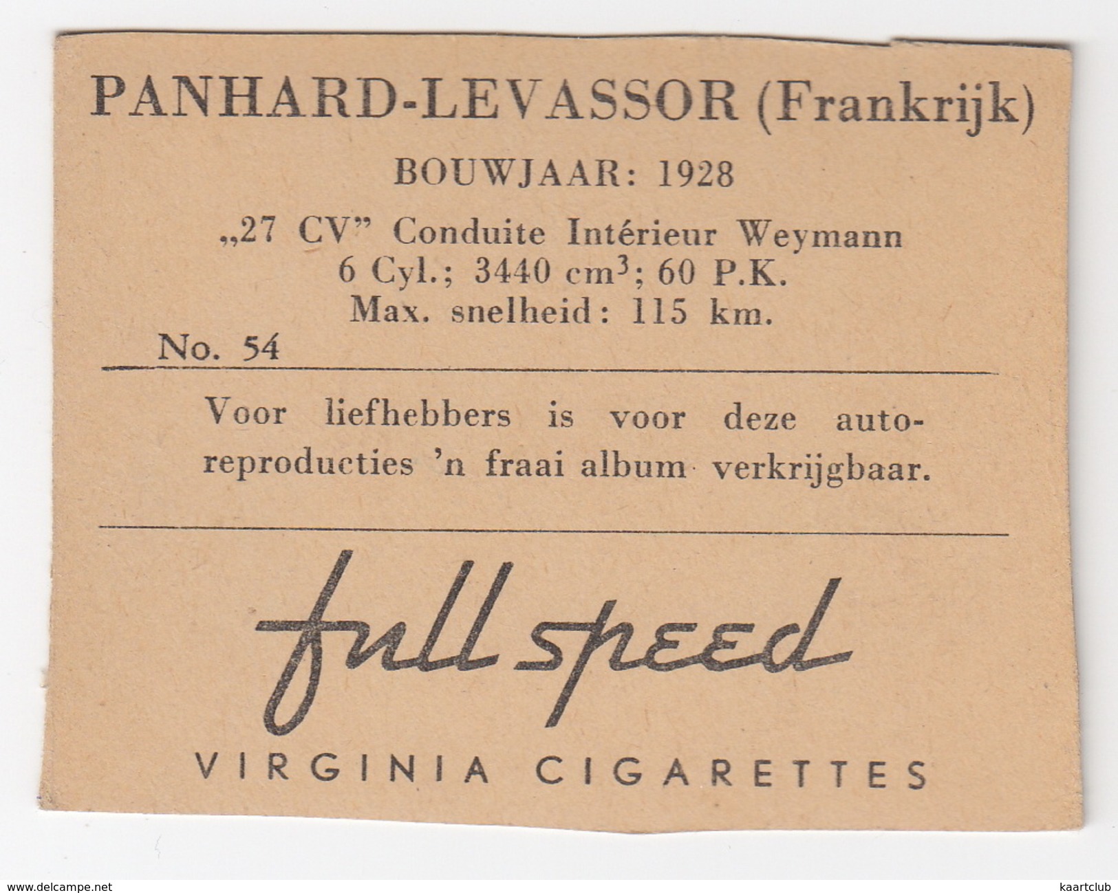 Chromo Cigarettes : Virginia 'Full Speed' - PANHARD-LEVASSOR 27 CV , Bj. 1928 - (Frankrijk) - No. 54- (2 Scans) - Andere Merken