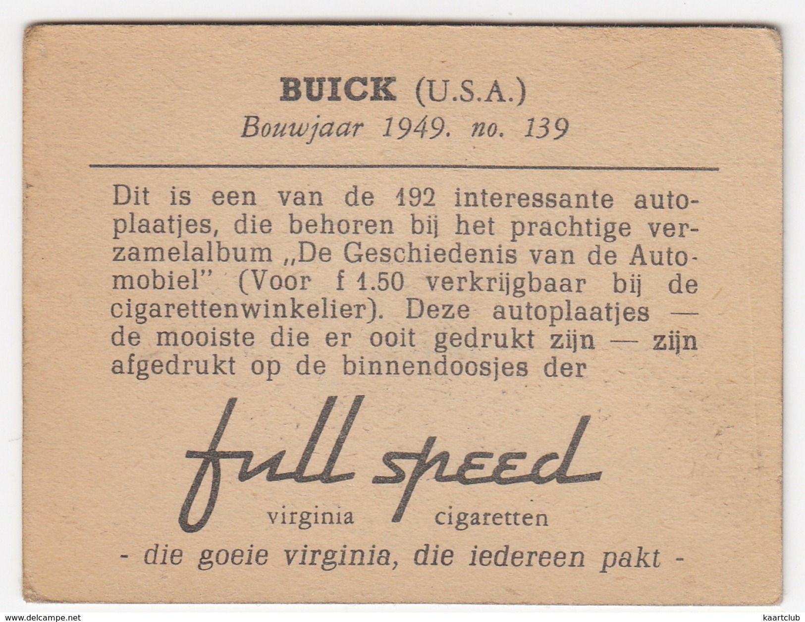 Chromo Cigarettes : Virginia 'Full Speed' - BUICK , Bj. 1949 - (U.S.A.) - No. 139 - (2 Scans) - Autres Marques