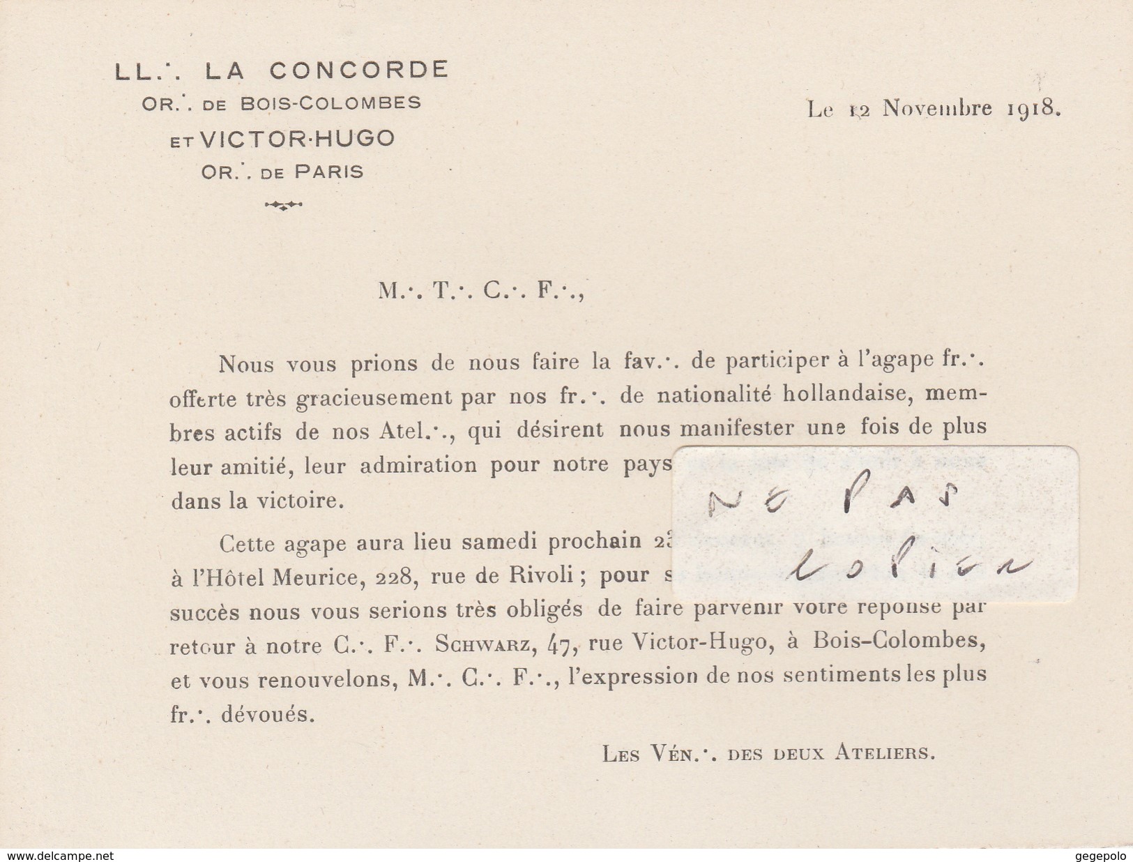 FRANC-MACONNERIE- PARIS/BOIS-COLOMBES - Agape Pour L'Hôtel Meurice à Paris ( Format 14 Cm X 10,5 Cm ) - Collezioni