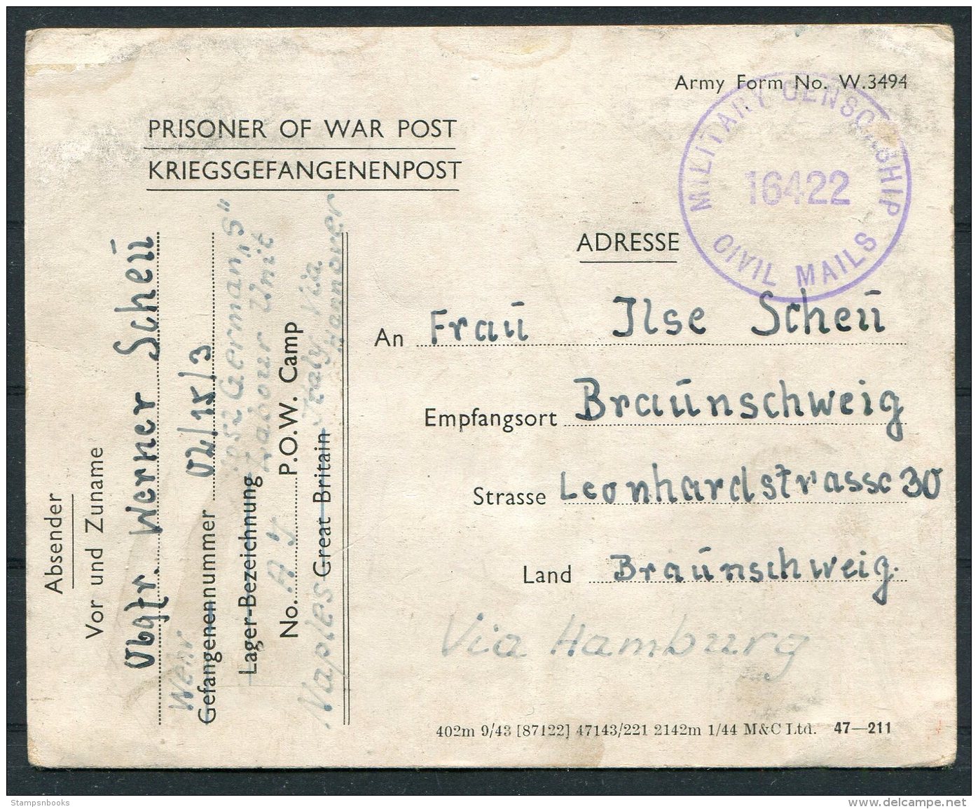 1945 Italy POW Kriegsgefangenenpost, Prisonniers De Guerre. Labour Unit Naples. Civil Censor - Braunschweig Germany - Storia Postale