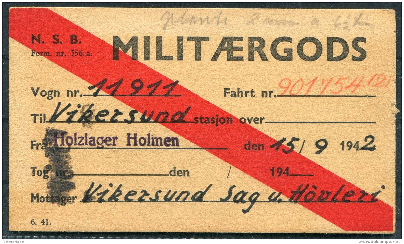 1942 Norway Militaergods N.S.B. Railway Card. Holzlager Holmen - Vikersund - Covers & Documents