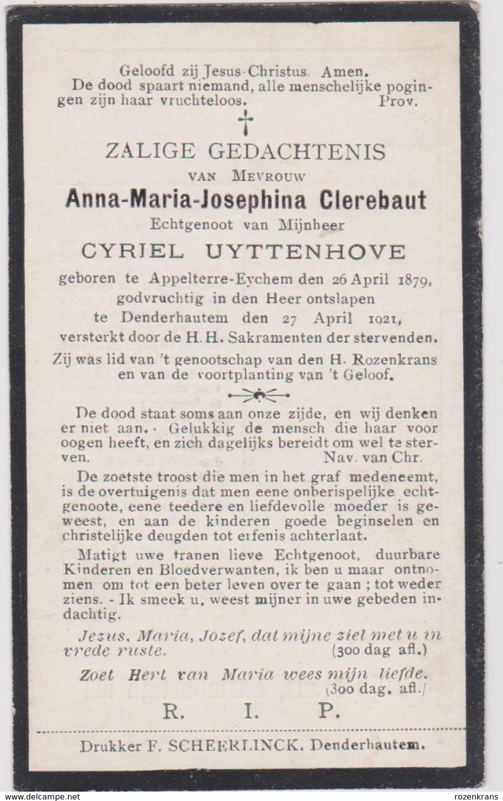 1879 1921 Anna MJ Clerebout Cyriel Uyttenhove Appelterre Eichem Eychem Denderhoutem Doodsprentje Image Mortuaire - Images Religieuses