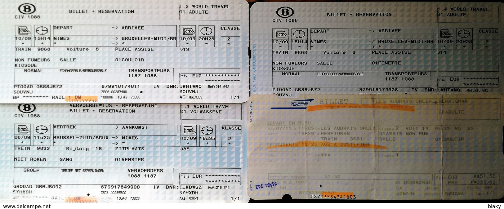 2007 - 3 BILLETS SNCB - BRUXELLES NIMES EN  FRANCAIS ET FLAMAND ALLER RETOUR  COULOIR FENETRE+ 1 SNCF ORLEANS PERPIGNAN - Europa