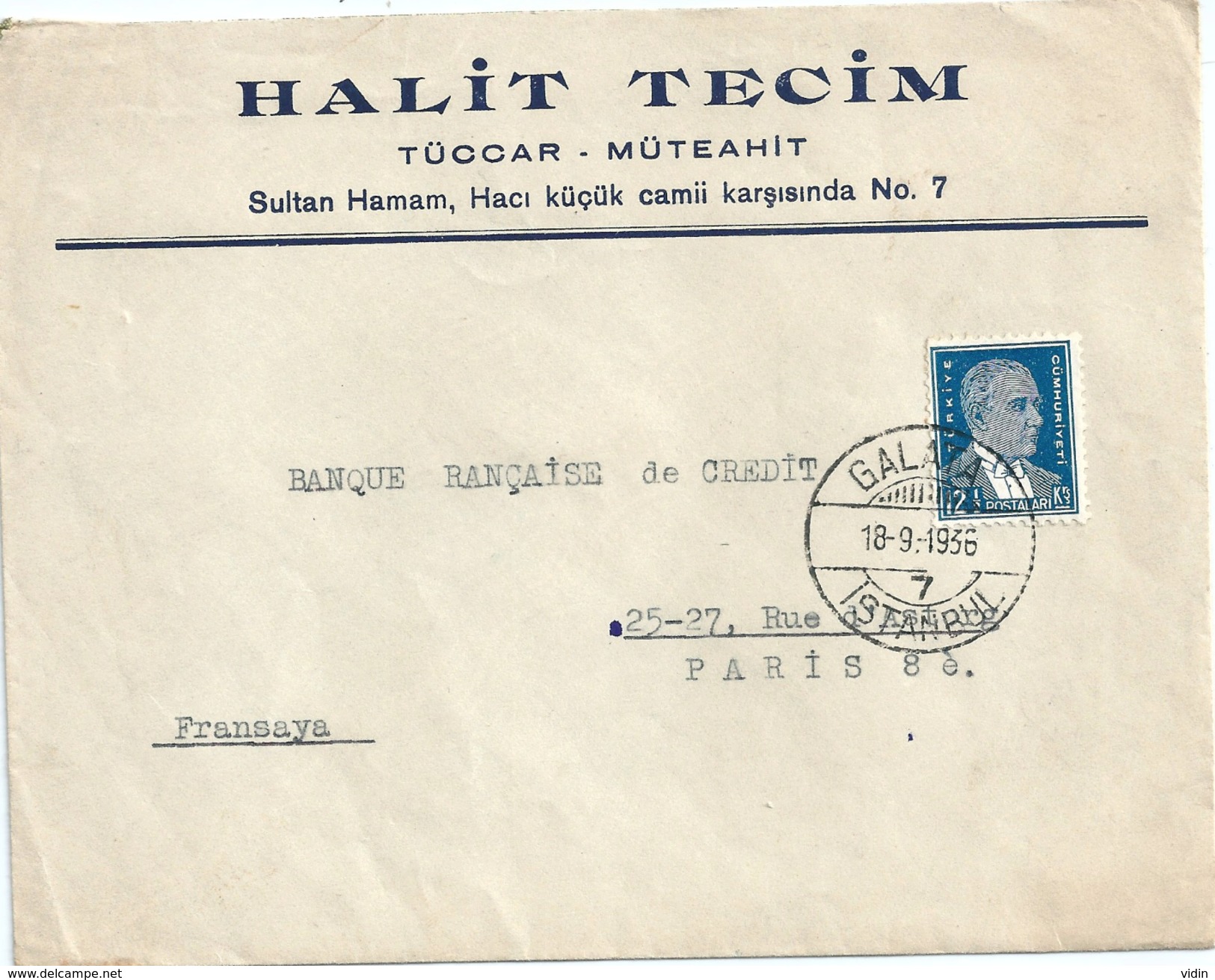 TURQUIE Lettre Pour Paris - Covers & Documents