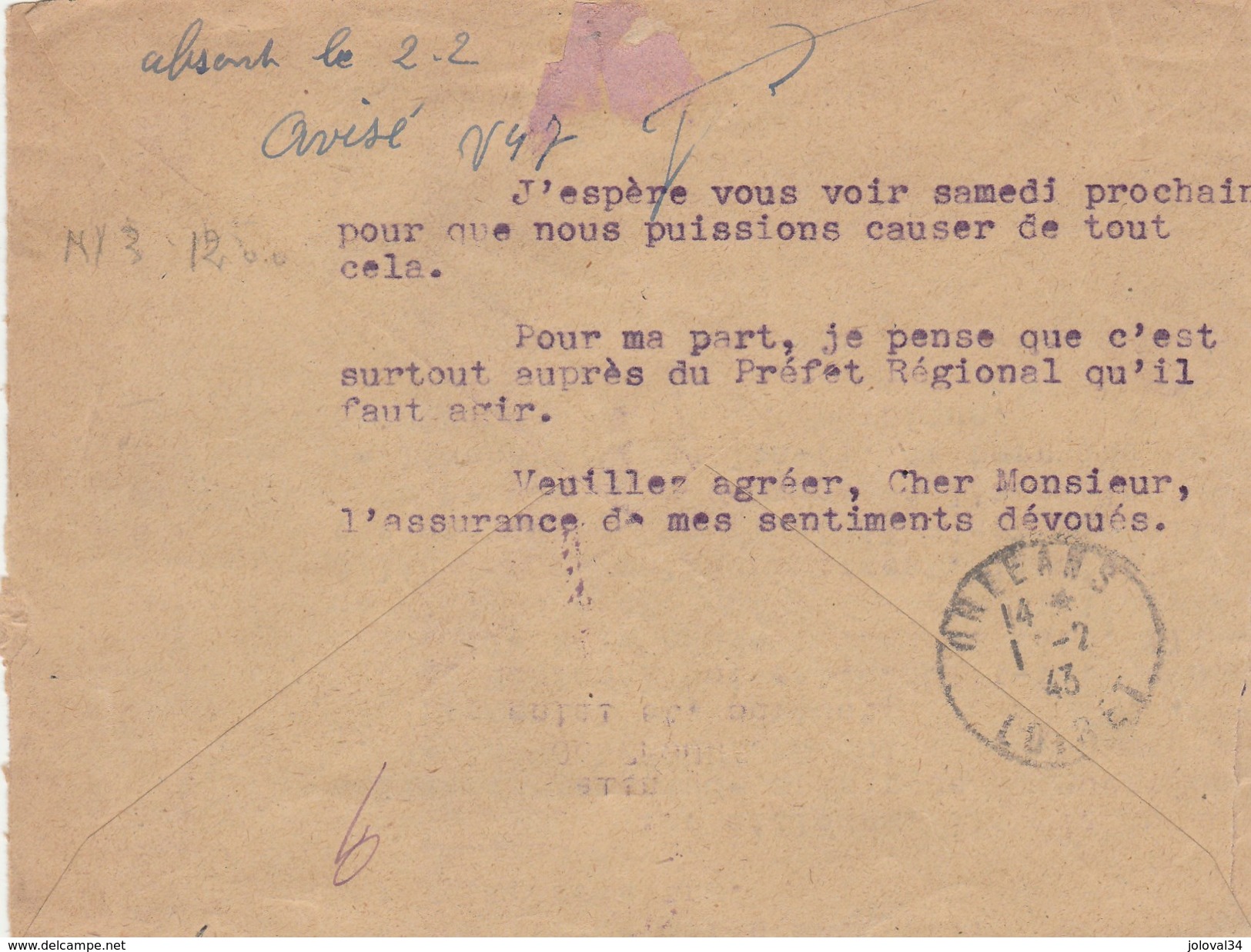 Yvert 523 Pétain Seul Lettre Recommandée Orléans Quartier Gare Loiret 1/2/1943 Texte Voir Scan Dorgères RocheFoucauld - 2. Weltkrieg 1939-1945