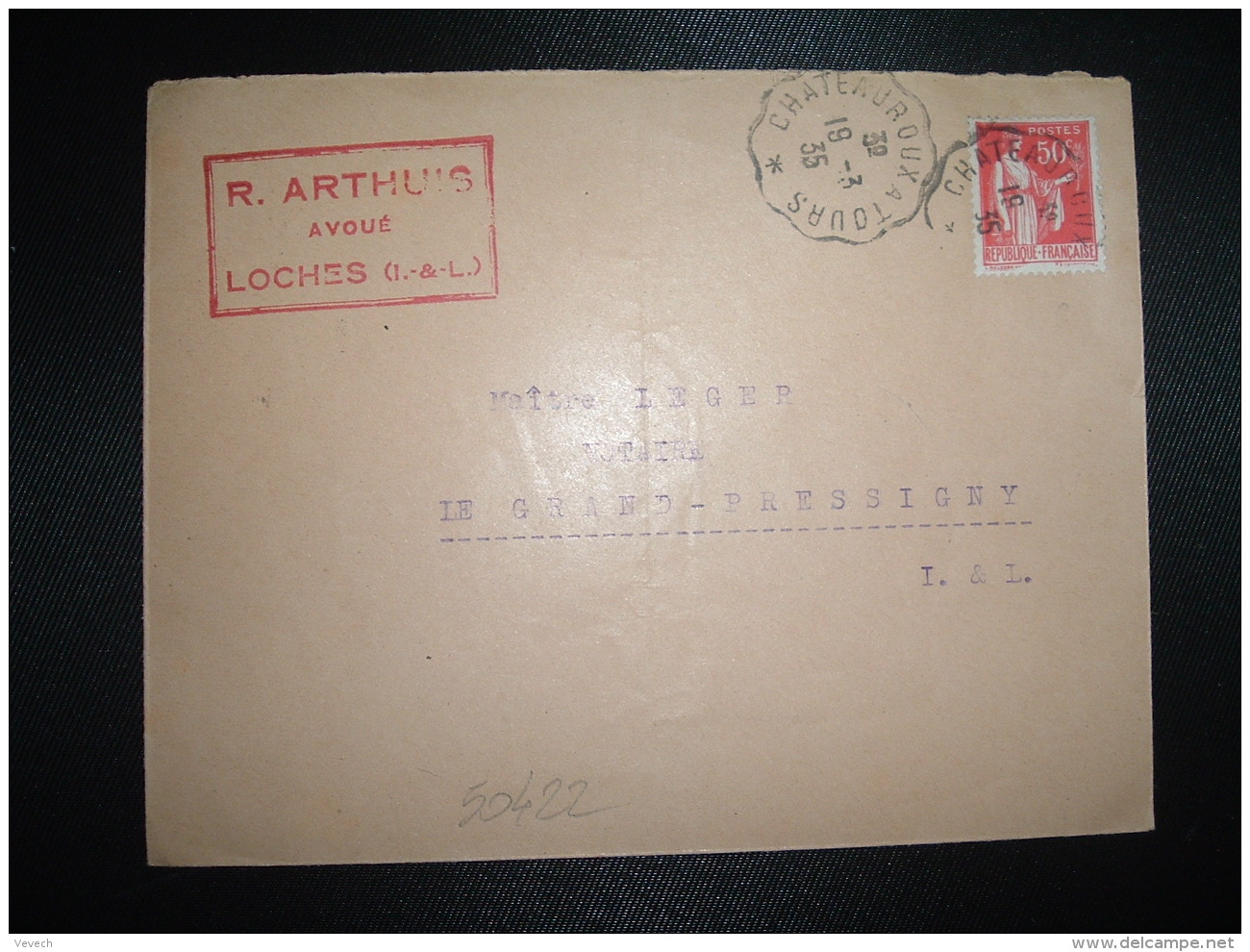 LETTRE TP PAIX 50c OBL. 19-3-35 CHATEAUROUX A TOURS (36 INDRE + 37 INDRE ET LOIRE) - Correo Ferroviario