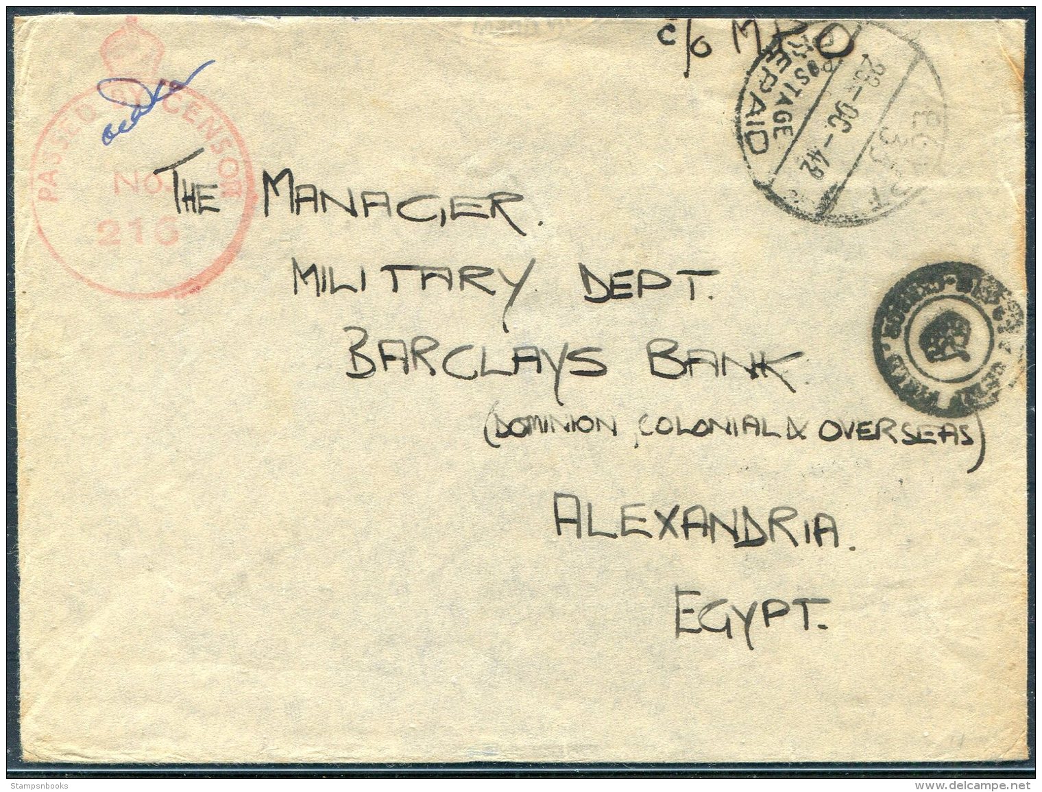 1942 Egypt Military Feldpost E.P.P. 33 Censor Cover - Barclays Bank Alexandria - Covers & Documents