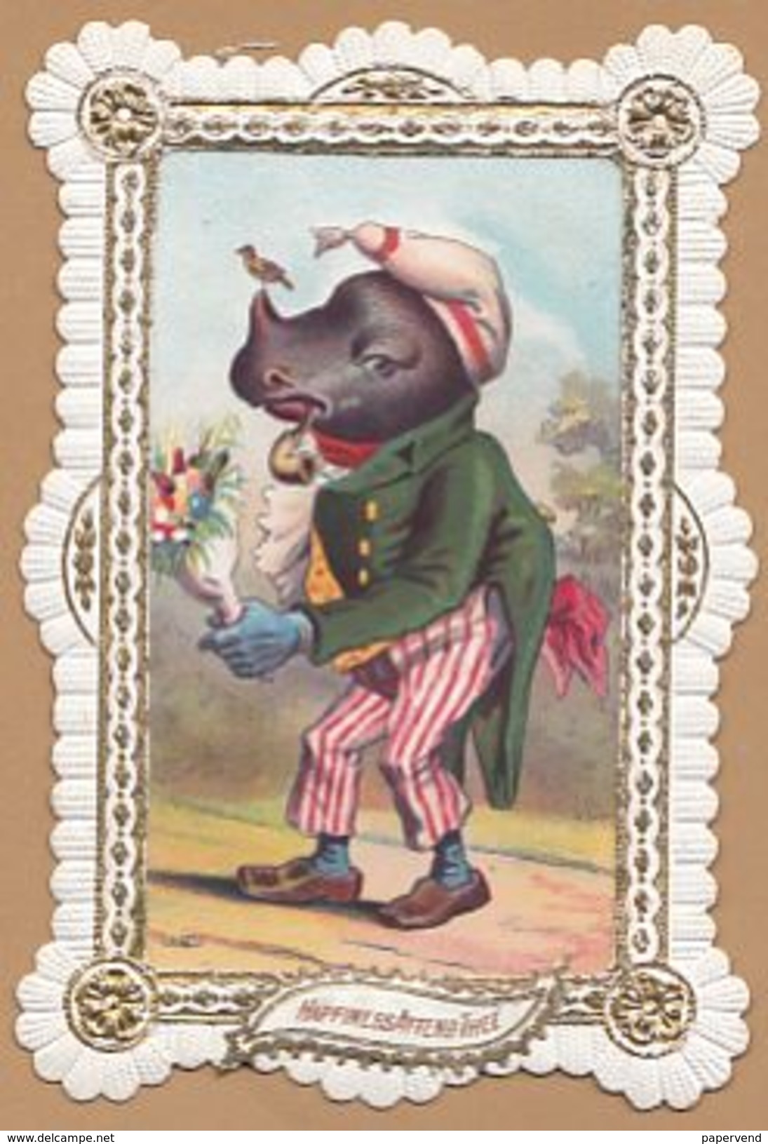 Victorian Greeting Card Rhinoceros With Flowers Egc54 - Unclassified