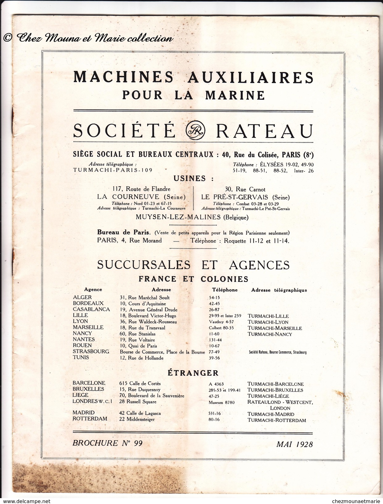 MARINE 1928 - MACHINES AUXILIAIRES - SOCIETE RATEAU - TURBOVENTILATEUR TURBOPOMPE - BROCHURE DE 16 PAGES - MILITAIRE - Frankrijk