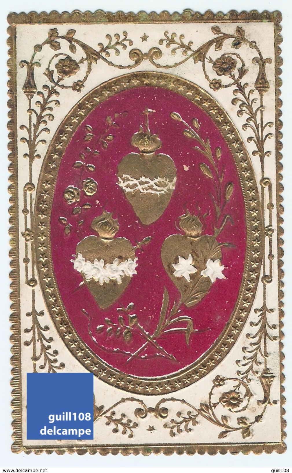 Rare Image Pieuse Gaufrée Rehaussée Or Dorée Fin XIXème Jésus Marie Joseph Coeurs Ed. Villemur Holy Card A16-19 - Andachtsbilder