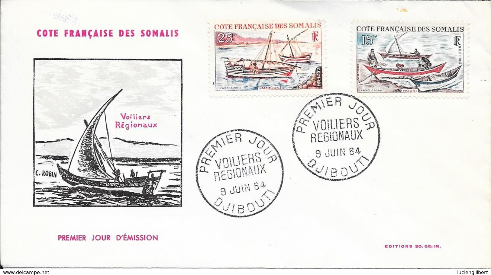 COTES FRANCAISES DE SOMALIES - 1ER JOUR D'EMISSION - VOILIERS REGIONAUX  9 JUIN 1964 - Lettres & Documents