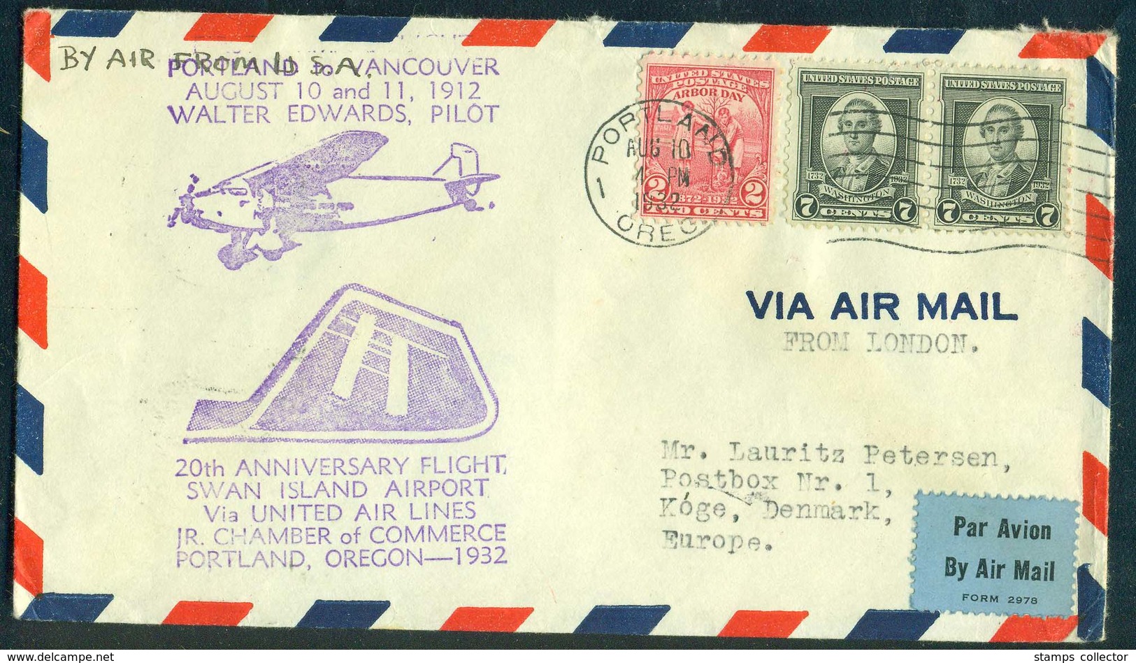 USA. FIRST FLIGHT. Fort Vancouver 1932 To Denmark - 1c. 1918-1940 Lettres