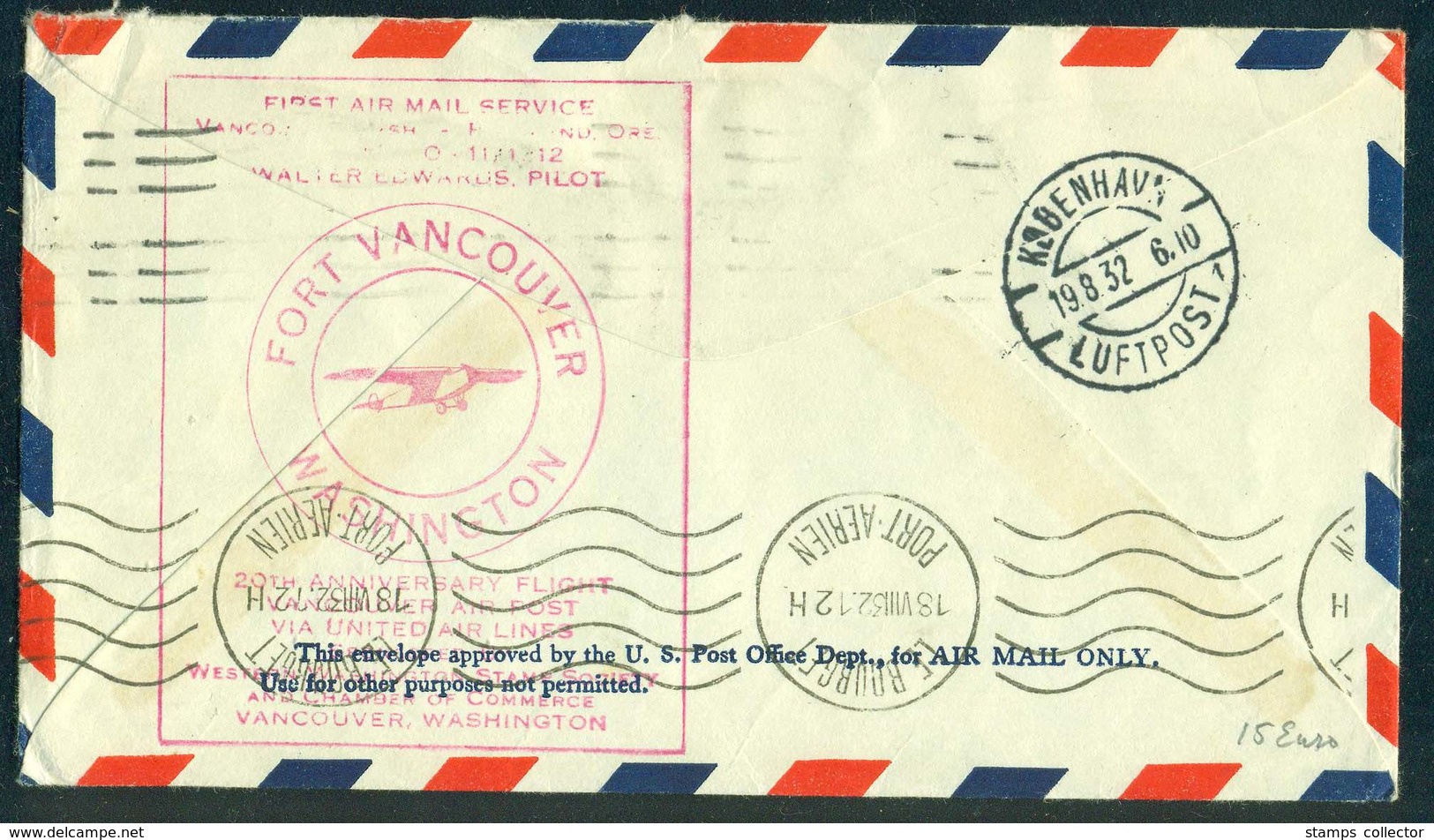 USA. FIRST FLIGHT. Fort Vancouver 1932 To Denmark - 1c. 1918-1940 Lettres