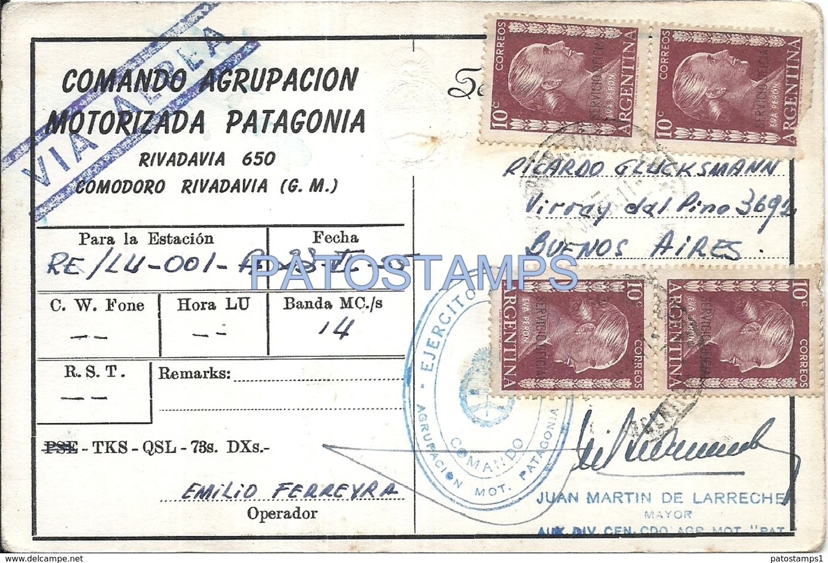 64513 ARGENTINA COMODORO RIVADAVIA COVER SOBRE COMANDO MOTORIZADA PATAGONIA AÑO 1955 STAMPS EVITA NO POSTCARD - Non Classificati