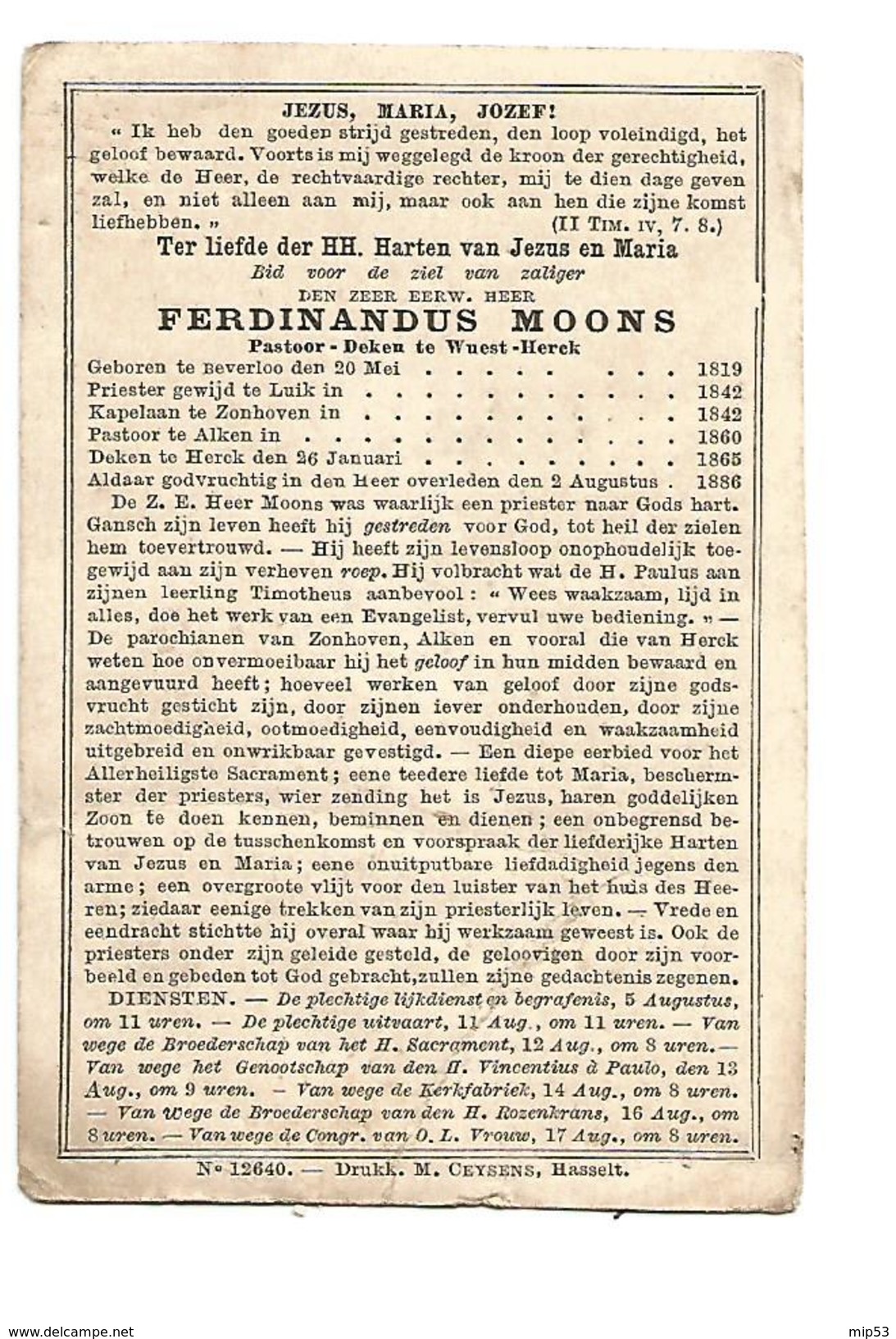 P 114. E.H. F. MOONS - °BEVERLOO 1819 / Luik / Zonhoven / Alken Deken Te Herck - + HERCK 1886 - Devotion Images