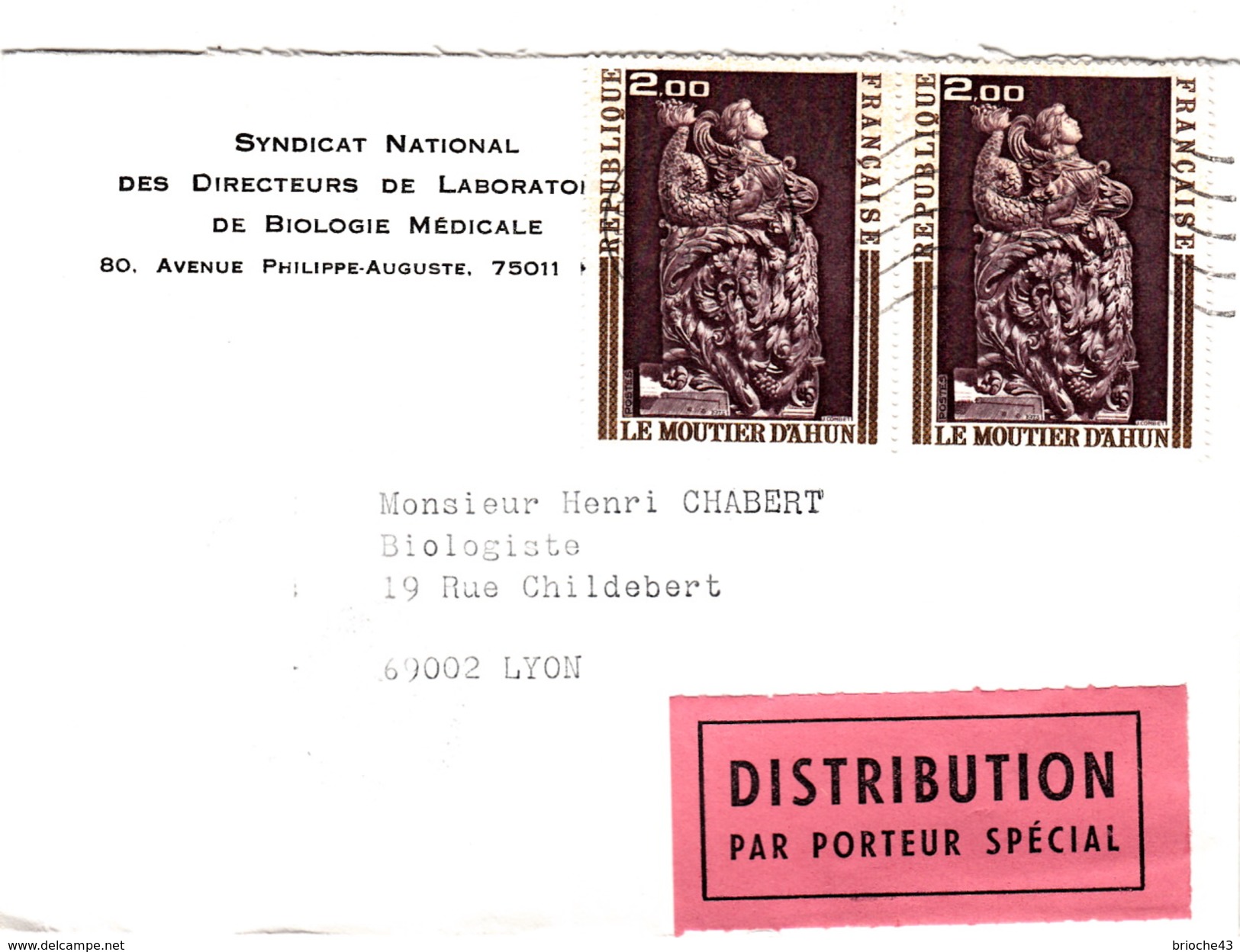 FRANCE 1974 LETTRE DISTRIBUTION PAR PORTEUR SPECIAL - SYNDICAT NATIONAL DES DIRECTEURS LABOS - LE MOUTIER D'AHUN - Covers & Documents