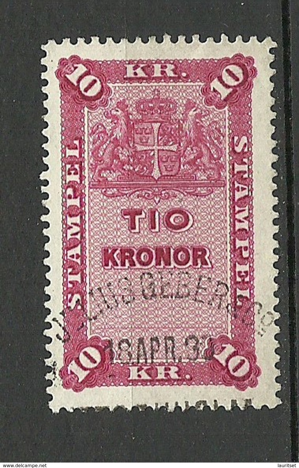 SCHWEDEN Sweden Ca 1880-1895 Stempelmarken Documentary 10 Kr. O - Revenue Stamps