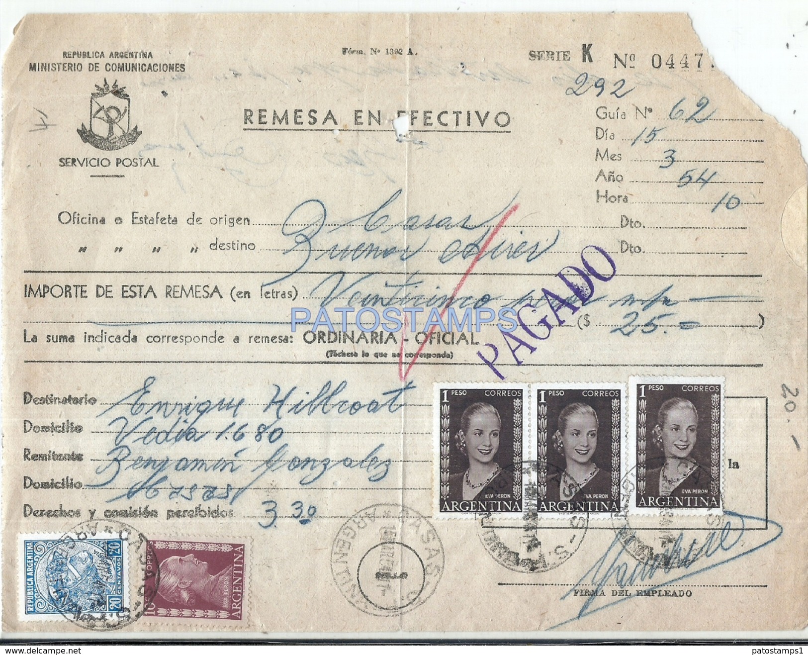 64533 ARGENTINA REMESA EN EFETIVO AÑO 1954 SERVIVIO POSTAL STAMPS EVITA EVA PERON NO POSTCARD - Sin Clasificación