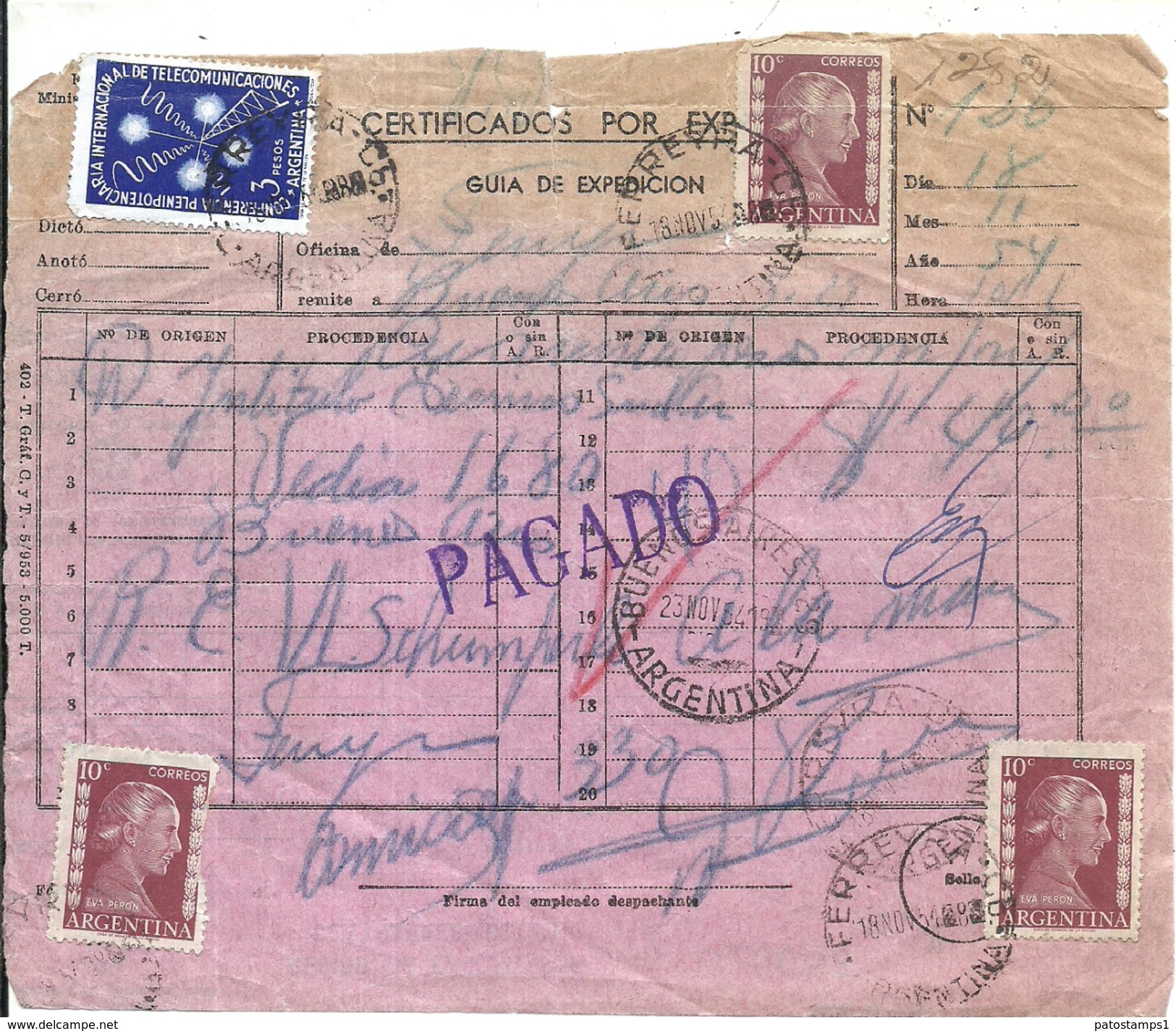 64534 ARGENTINA CERTIFICADO POR EXPRESO AÑO 1954 STAMPS EVITA EVA PERON NO POSTCARD - Sin Clasificación