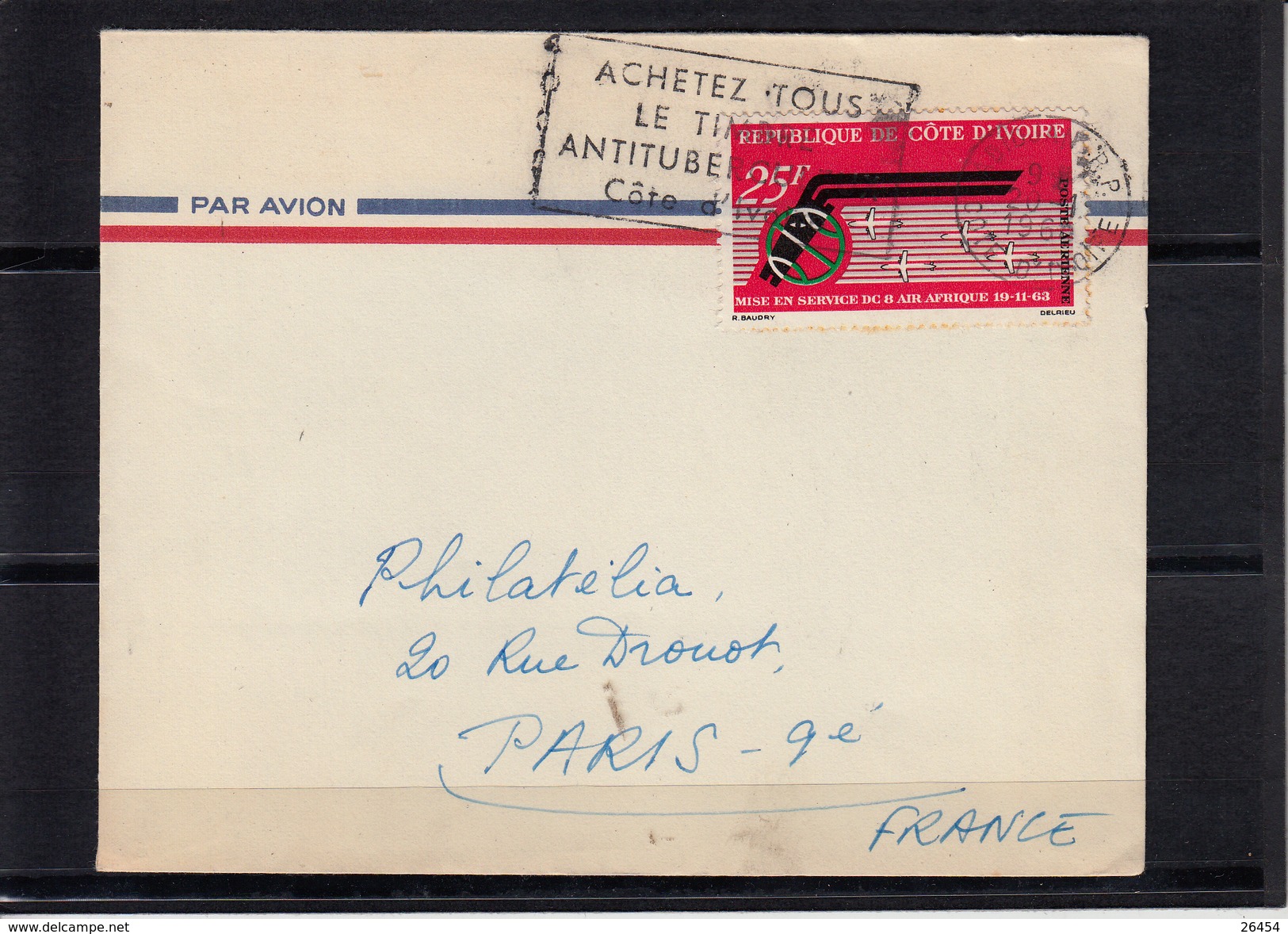 Lettre De ABIDJAN R.P. Cote D Ivoire  Le 20 1 1964  POSTE AERIENNE " Mise En Service DC8 19 11 1963 " - Côte D'Ivoire (1960-...)