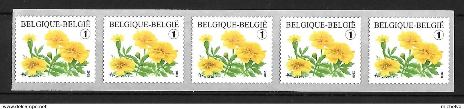 Belg. 2008 - COB N° R 116 ** - Tagetes Petula -  (timbre N° 3824 Adhésif)  Bande De 5 Sans Numéro Au Verso - Rouleaux