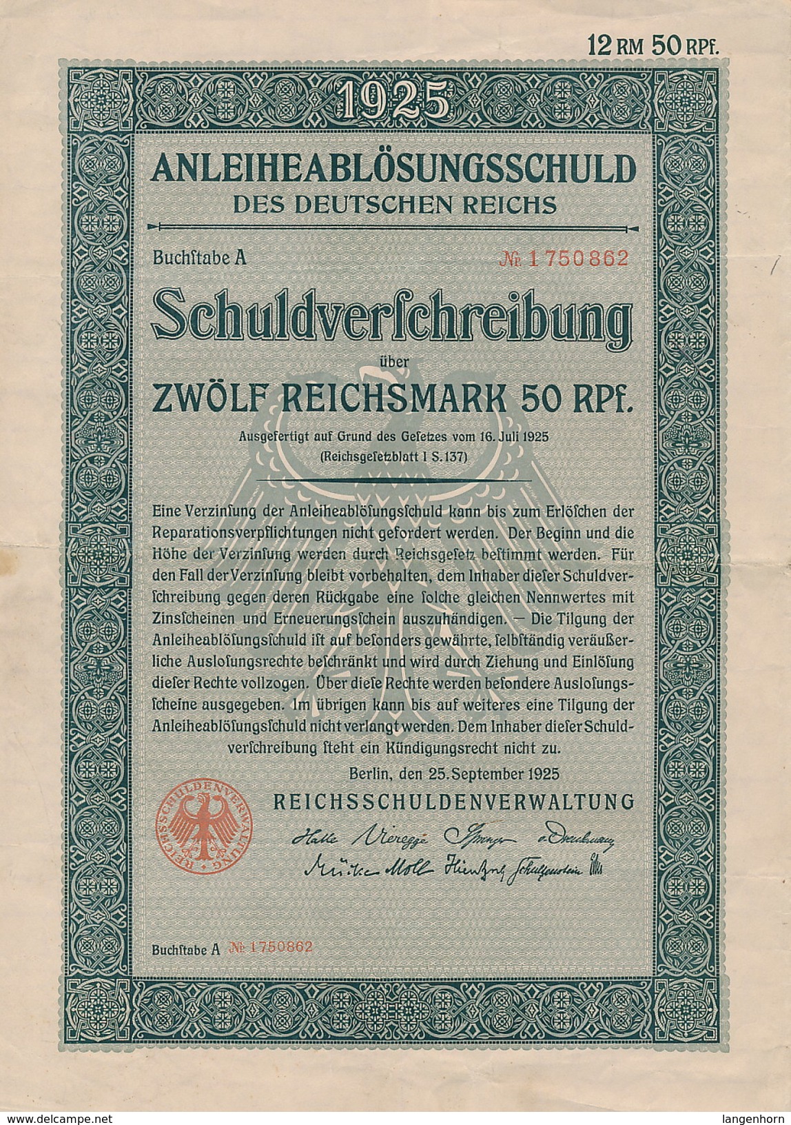 'Anleihe Des Deutschen Reiches' ~ 1918 / 1926 - Historische Dokumente