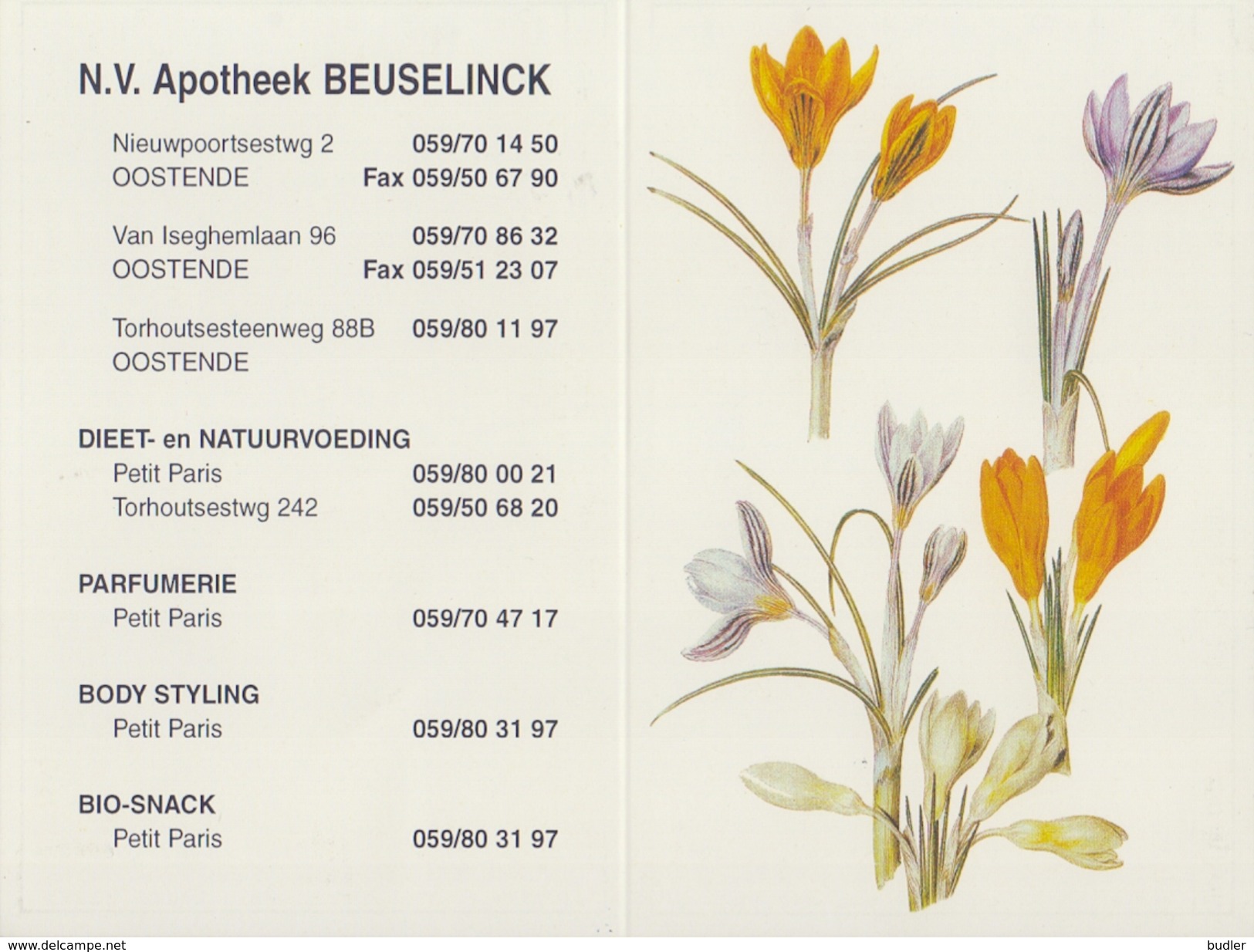 BELGIË/BELGIQUE : 1998 : Kalender / Calendrier De Poche  @§@ Apotheek BEUSELINCK, Oostende @§@ : FLORA,KROKUS,CROCUS, - Petit Format : 1991-00