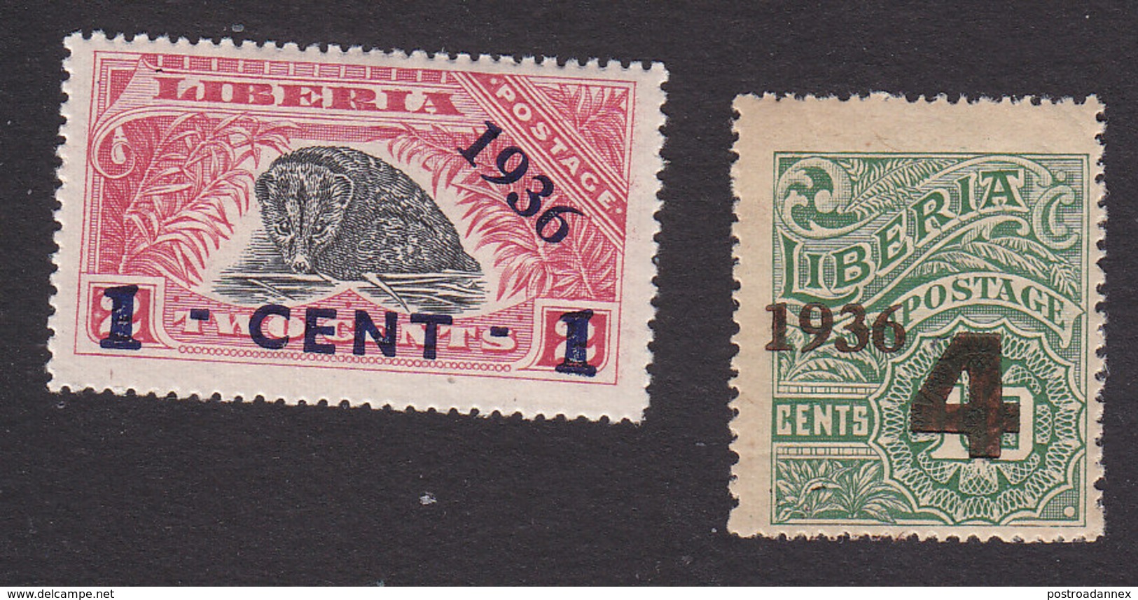 Liberia, Scott #248, 250, Mint Hinged/No Gum, Palm-Civet And Number Surcharged, Issued 1936 - Liberia