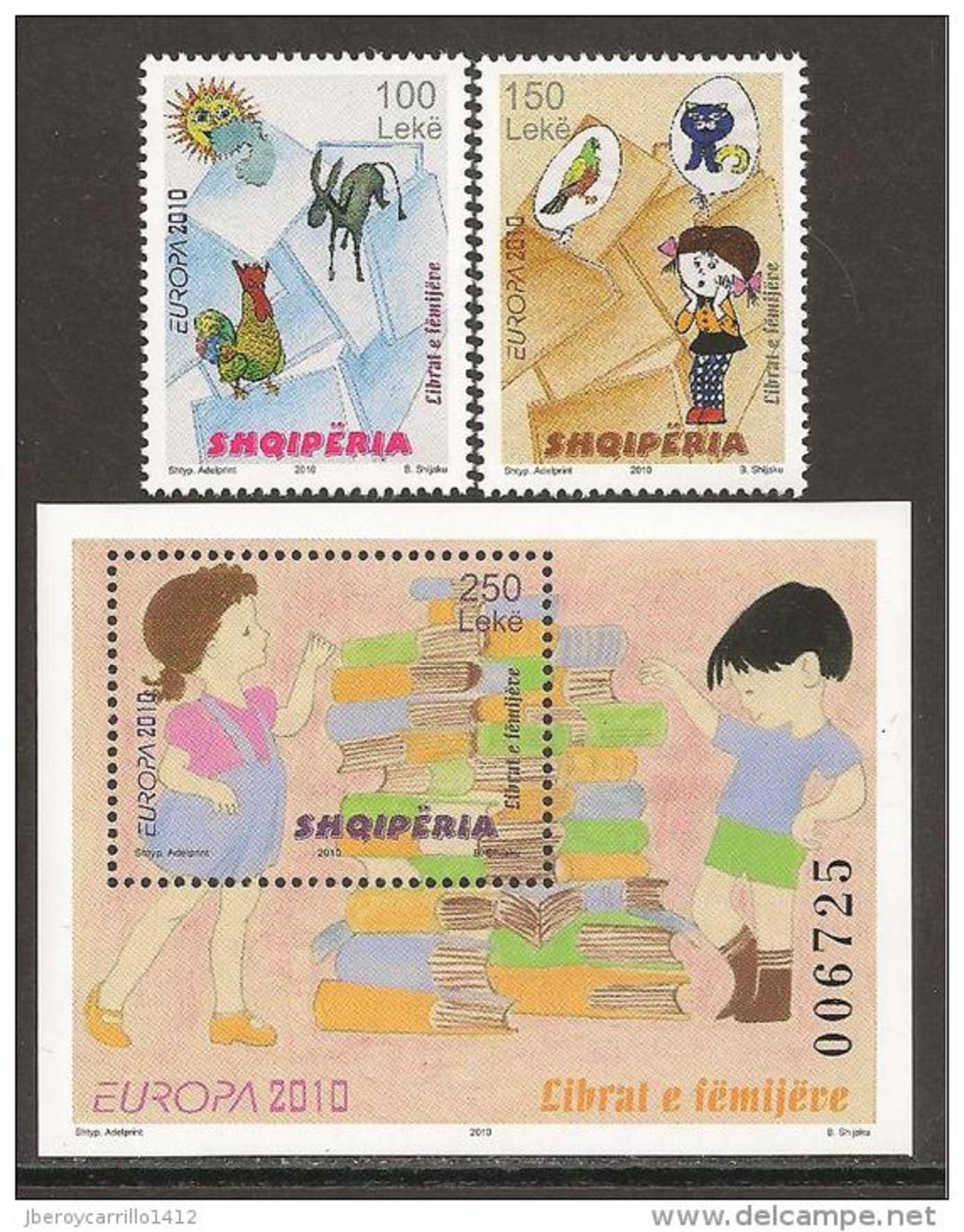 ALBANIA -EUROPA 2010 -TEMA ANUAL " LIBROS INFANTILES".- SERIE De 2 V. + HOJITA BLOQUE  -  DENTADOS (PERFORATED) - 2010