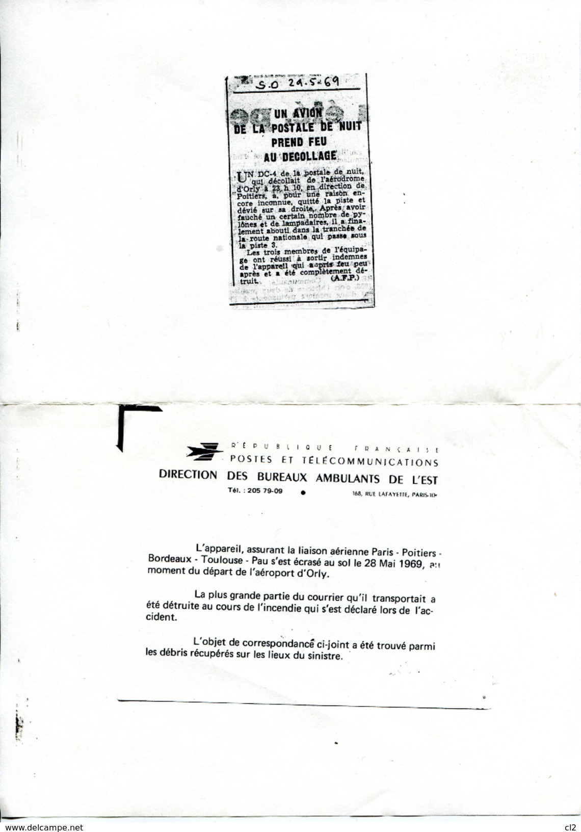# - 28 Mai 1969 - ORLY - Accident D'un DC4 De La Postale - Courrier Ré-acheminé Par La Poste - Lettere Accidentate