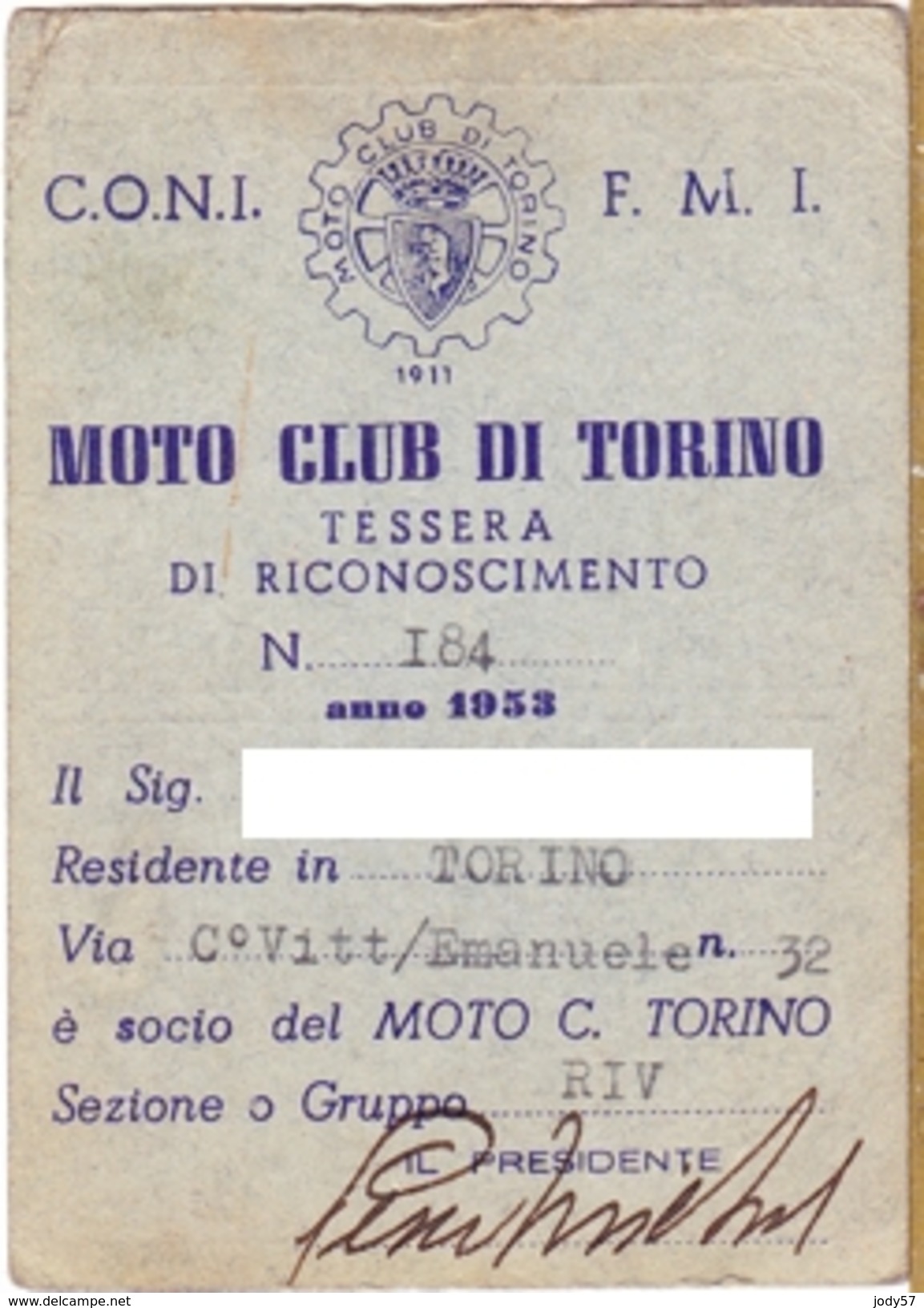 TESSERA - MOTOCLUB DI TORINO - 1953 - Moto