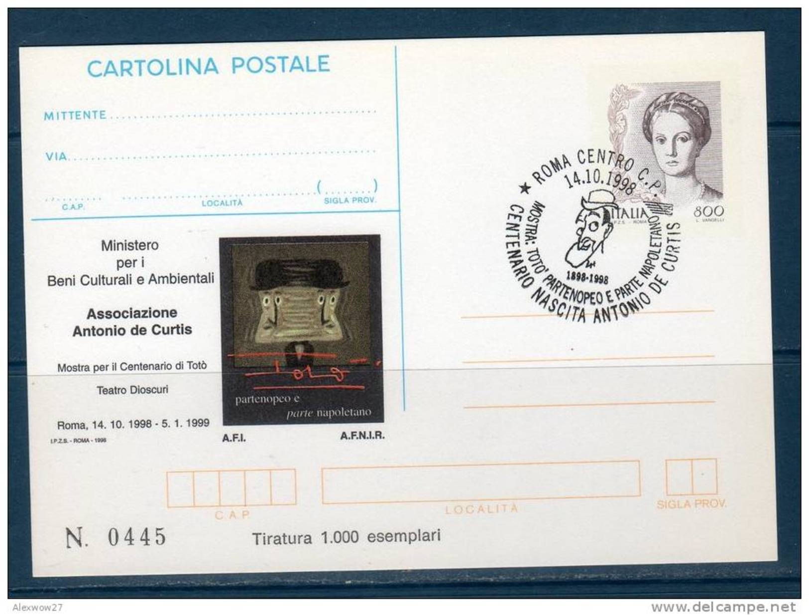 Italia / Italy 1998  --- Cartolina Postale "I.P.Z.S." -- ANTONIO DE CURTIS "TOTO'"-- FDC -- Tir.1000 Esemp. - Interi Postali