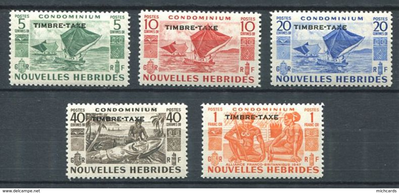 186 NOUVELLES HEBRIDES 1953 - Yvert Taxe 26/30 - Pirogue Sculpteur Indigene - Neuf ** (MNH) Sans Charniere - Unused Stamps