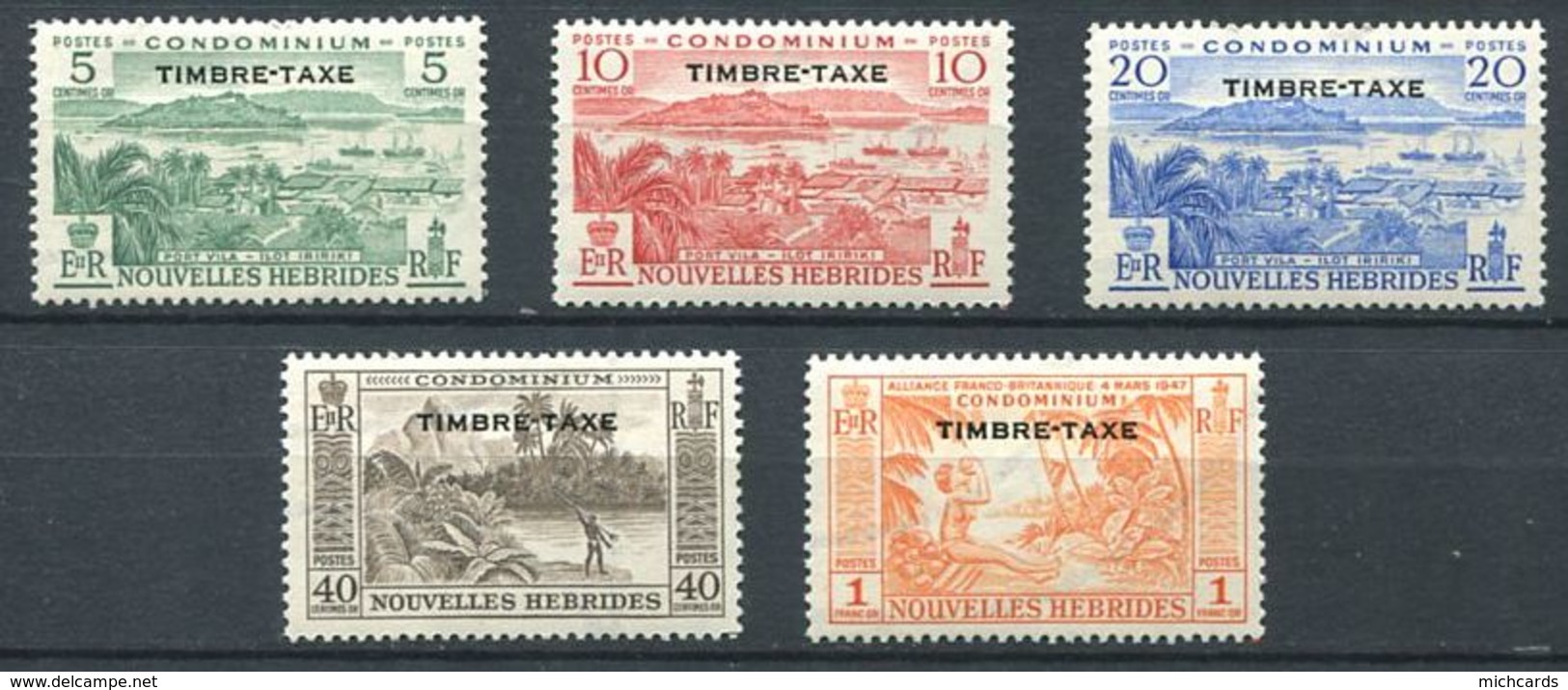 186 NOUVELLES HEBRIDES 1957 - Yvert Taxe 36/40 - Port Villa, Peche, Noix De Coco - Neuf ** (MNH) Sans Charniere - Unused Stamps