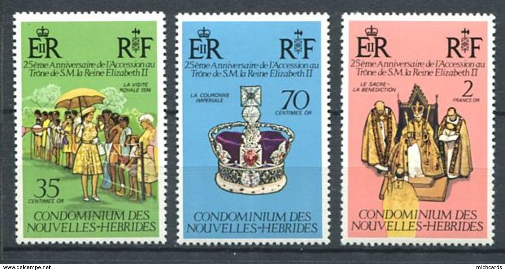 186 NOUVELLES HEBRIDES 1977 - Yvert 444/46 - Elizabeth II Visite Couronne Sacre - Neuf ** (MNH) Sans Charniere - Neufs