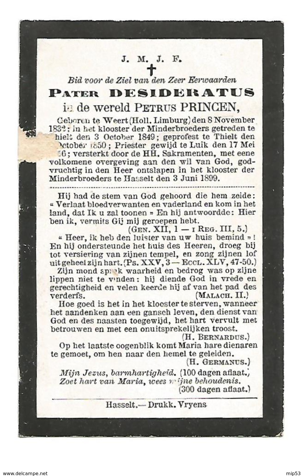 N 116. E. Pater DESIDERATUS  ( PETRUS PRINCEN°  - °WEERT 1832 /THIELT / LUIK   - °HASSELT (Minderbroeders) 1899 - Devotion Images